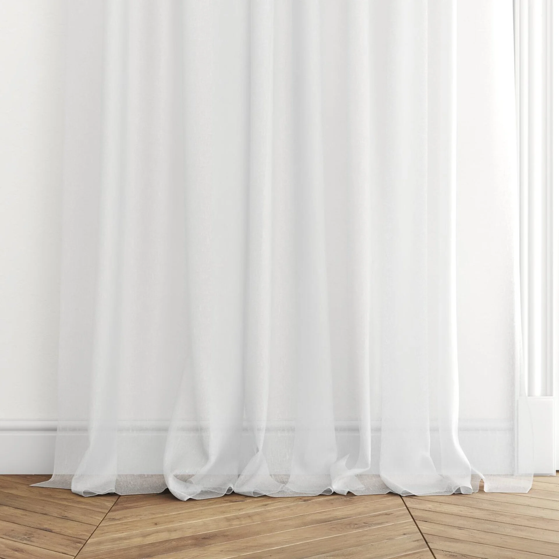 Bottom view of Descartes Swan, puddled with pinch pleat, on curtain rod