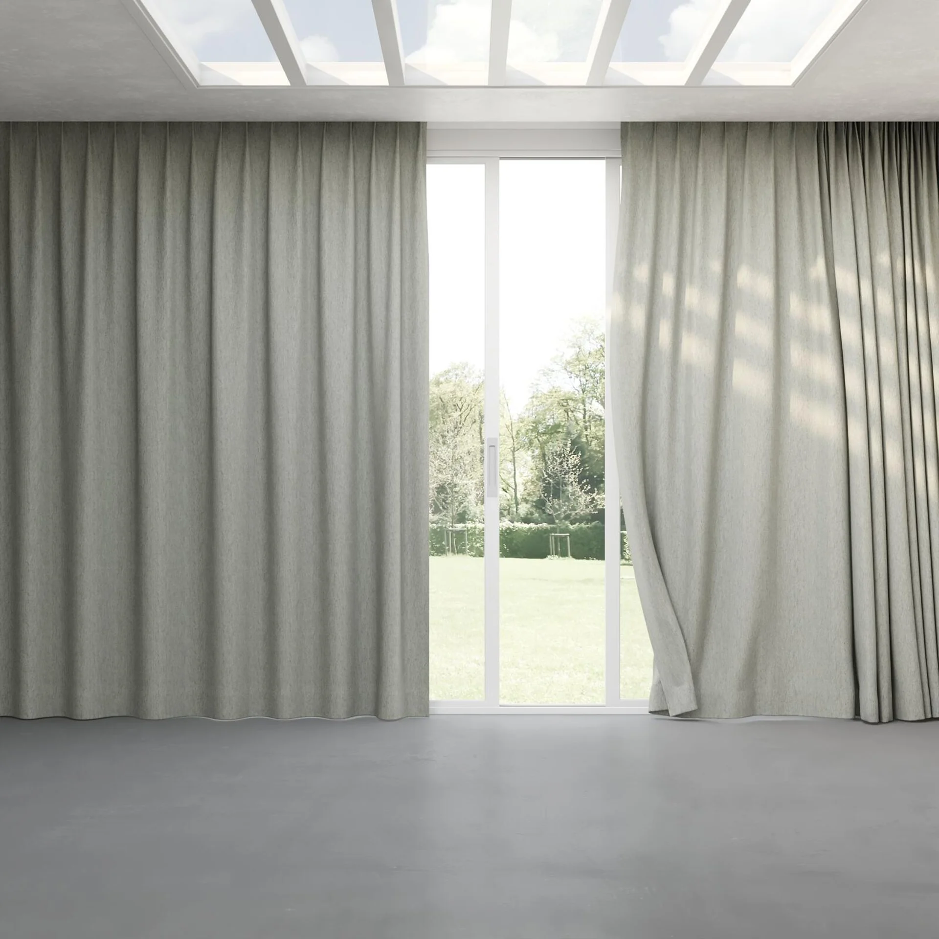 Full view of Corona Cement, pinch pleat