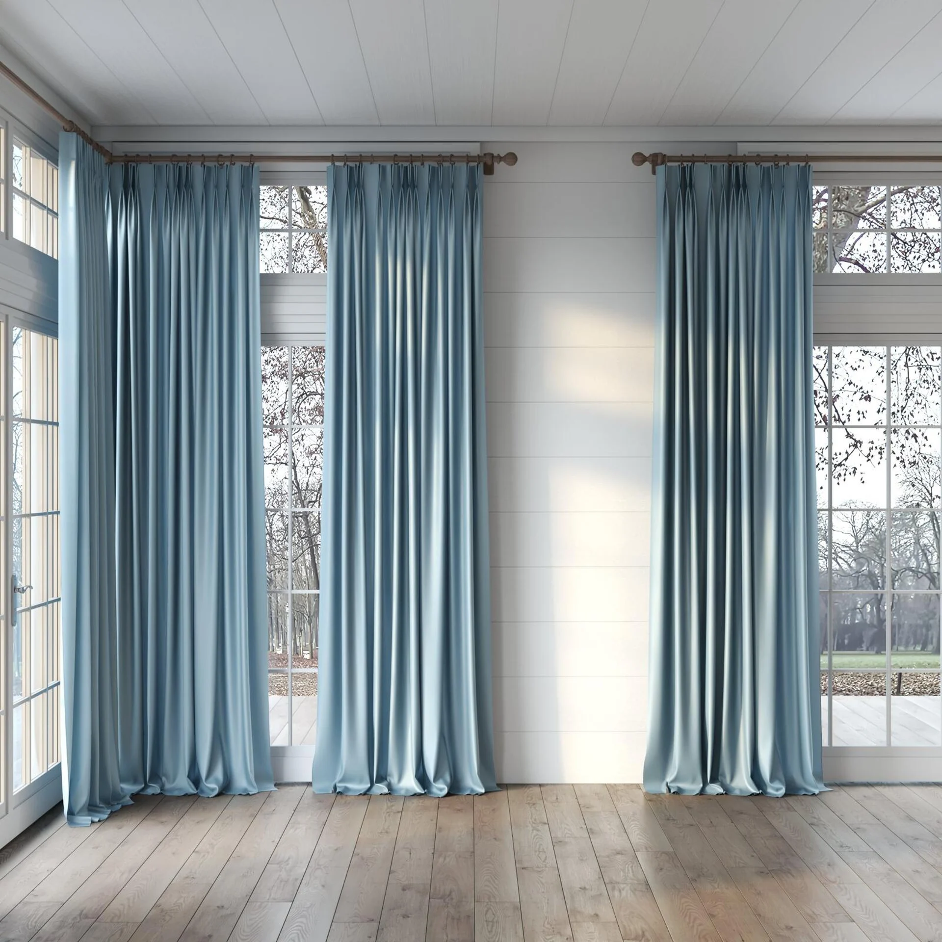 Full view of Optima Teal, puddled, on curtain rod