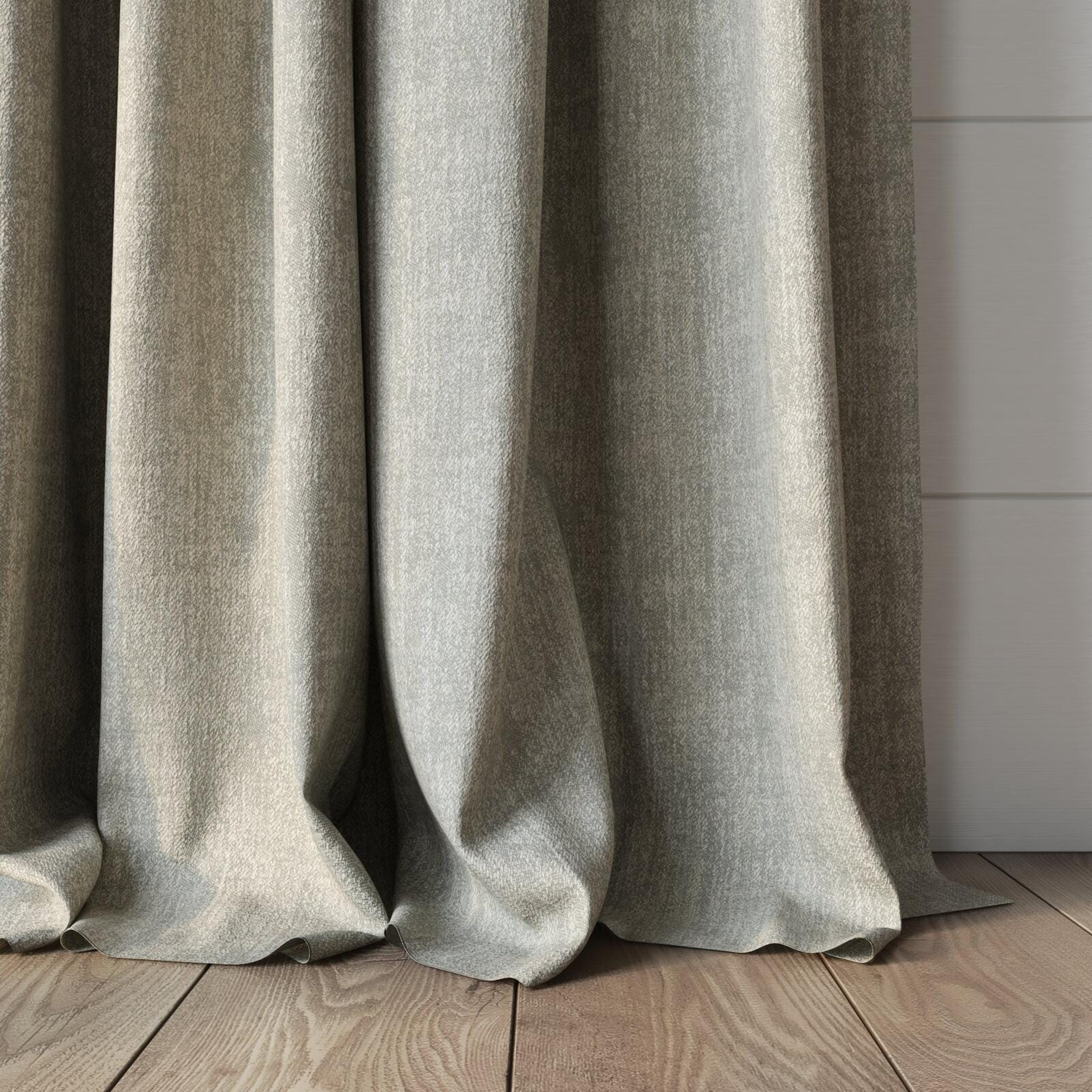 Bottom view of Effortless Mineral, puddled, on curtain rod