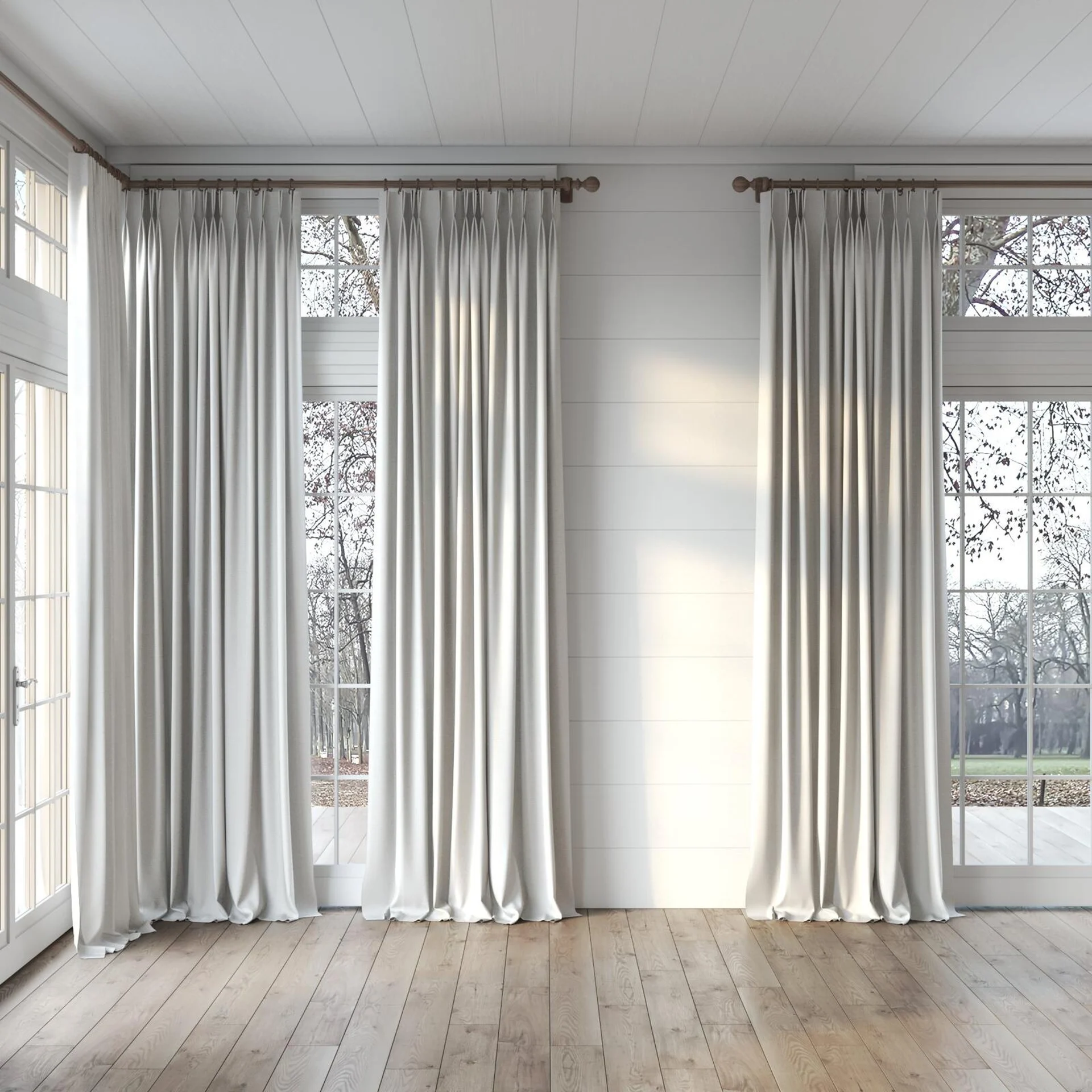 Full view of Borneo Uncoated Silver Birch, puddled, on curtain rod