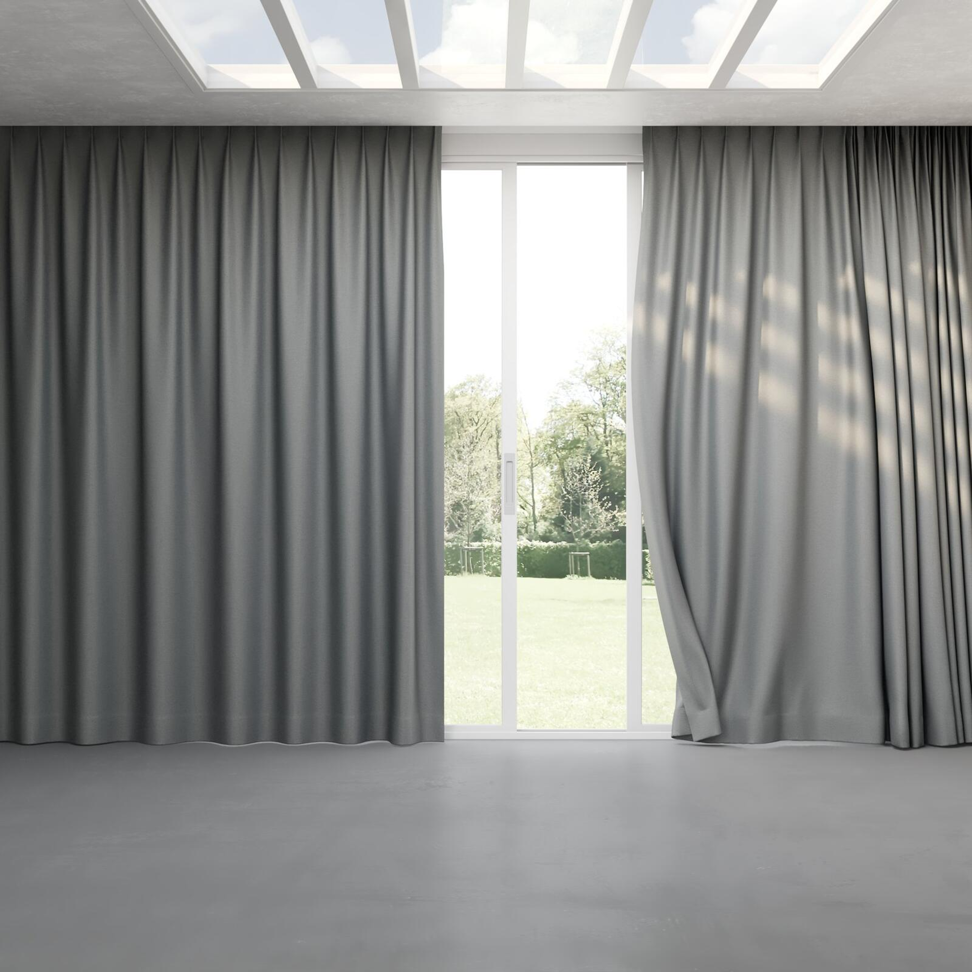 Full view of Grove Steel, pinch pleat