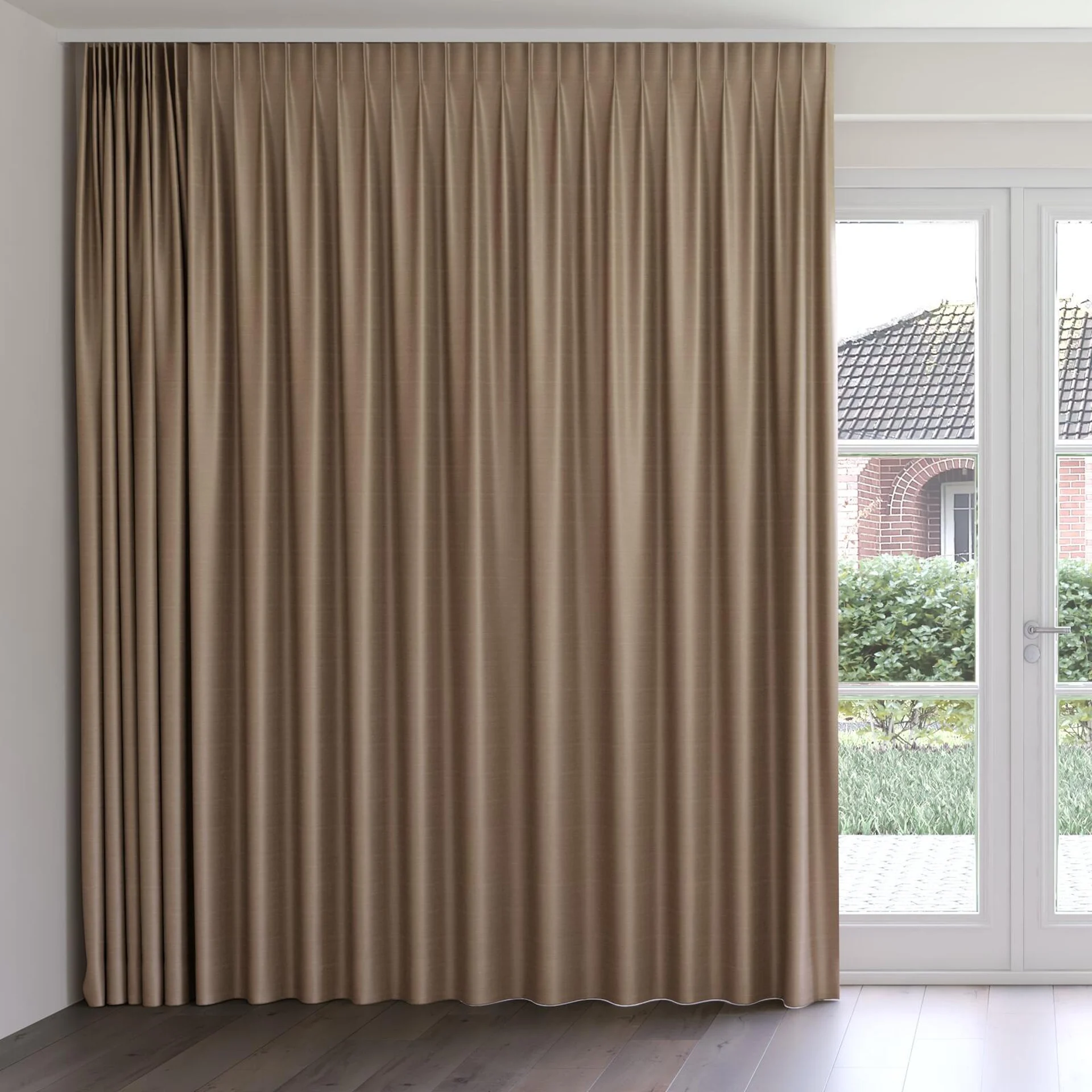 Front view of Silky Walnut, on curtain rail