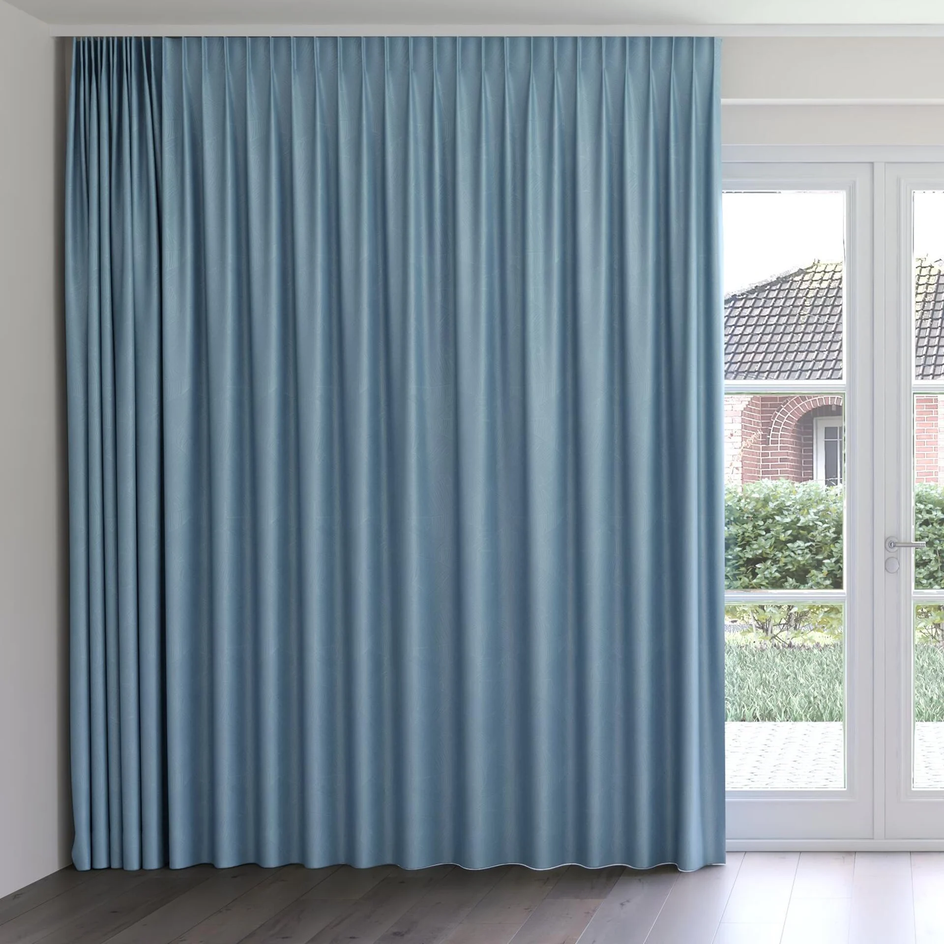 Front view of Umbra Denim, on curtain rail