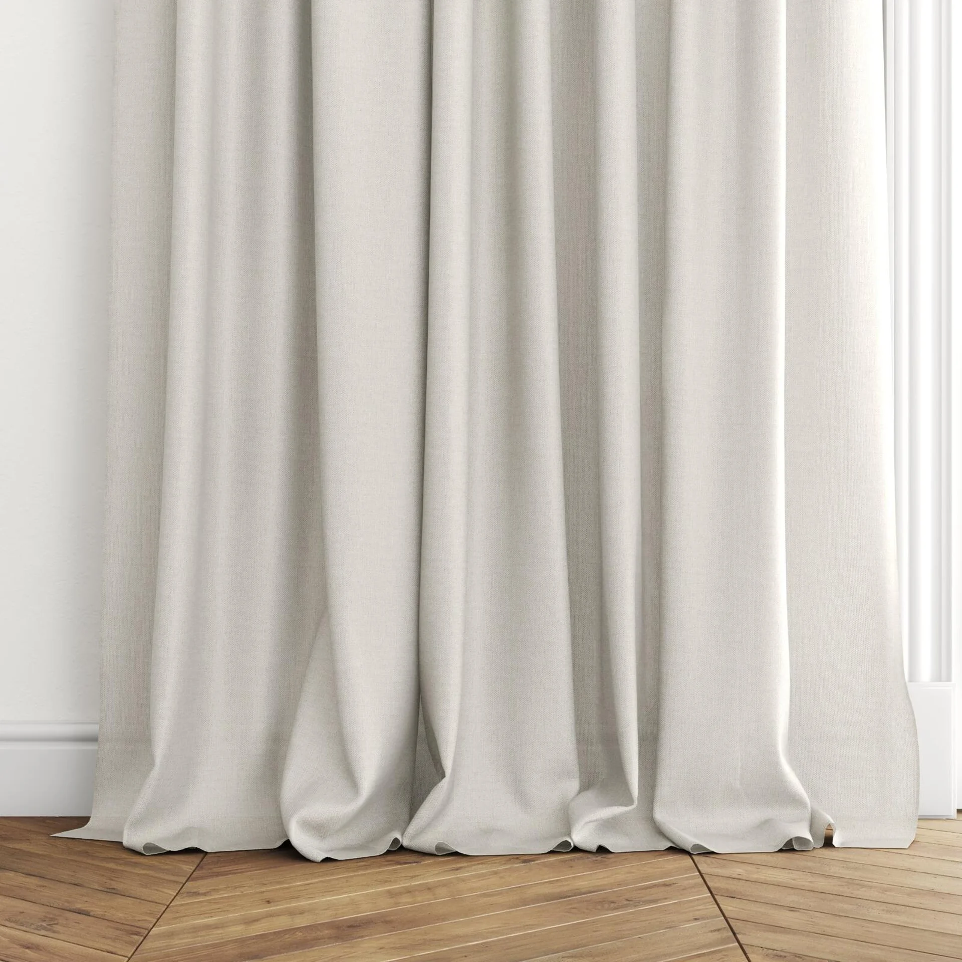 Bottom view of Twister Sand, puddled with pinch pleat, on curtain rod