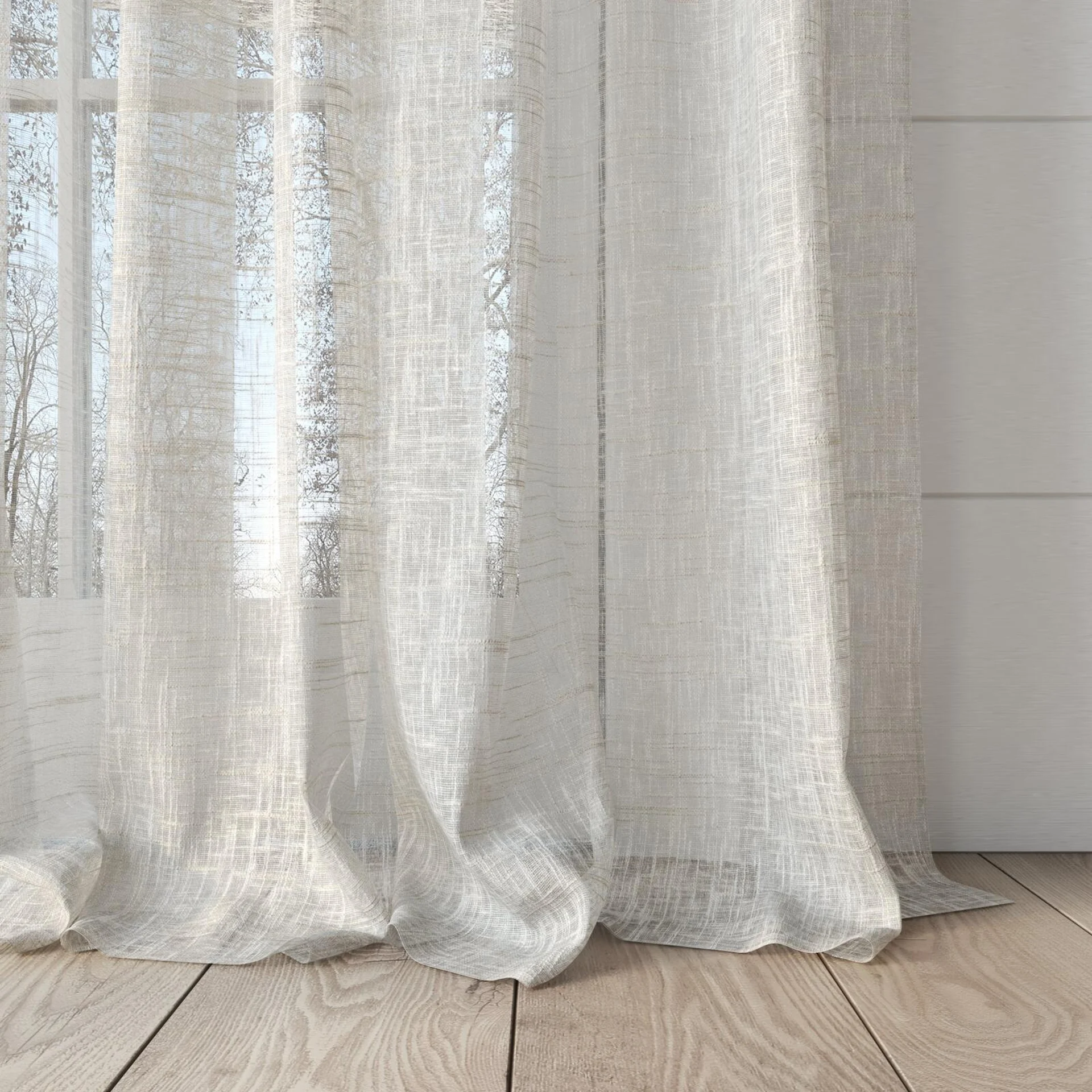 Bottom view of Beech Sand, puddled, on curtain rod