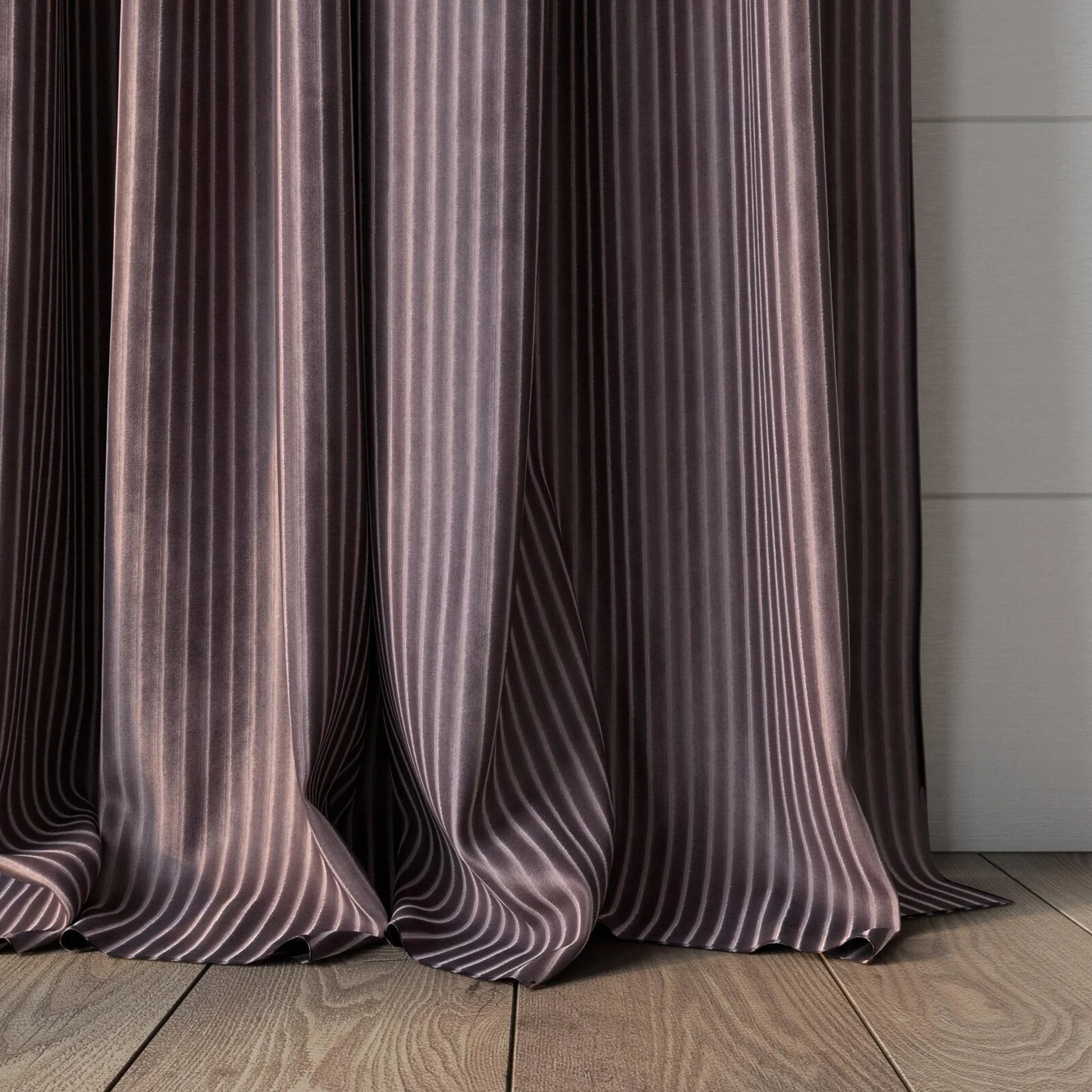 Bottom view of Embrace Plum, puddled, on curtain rod
