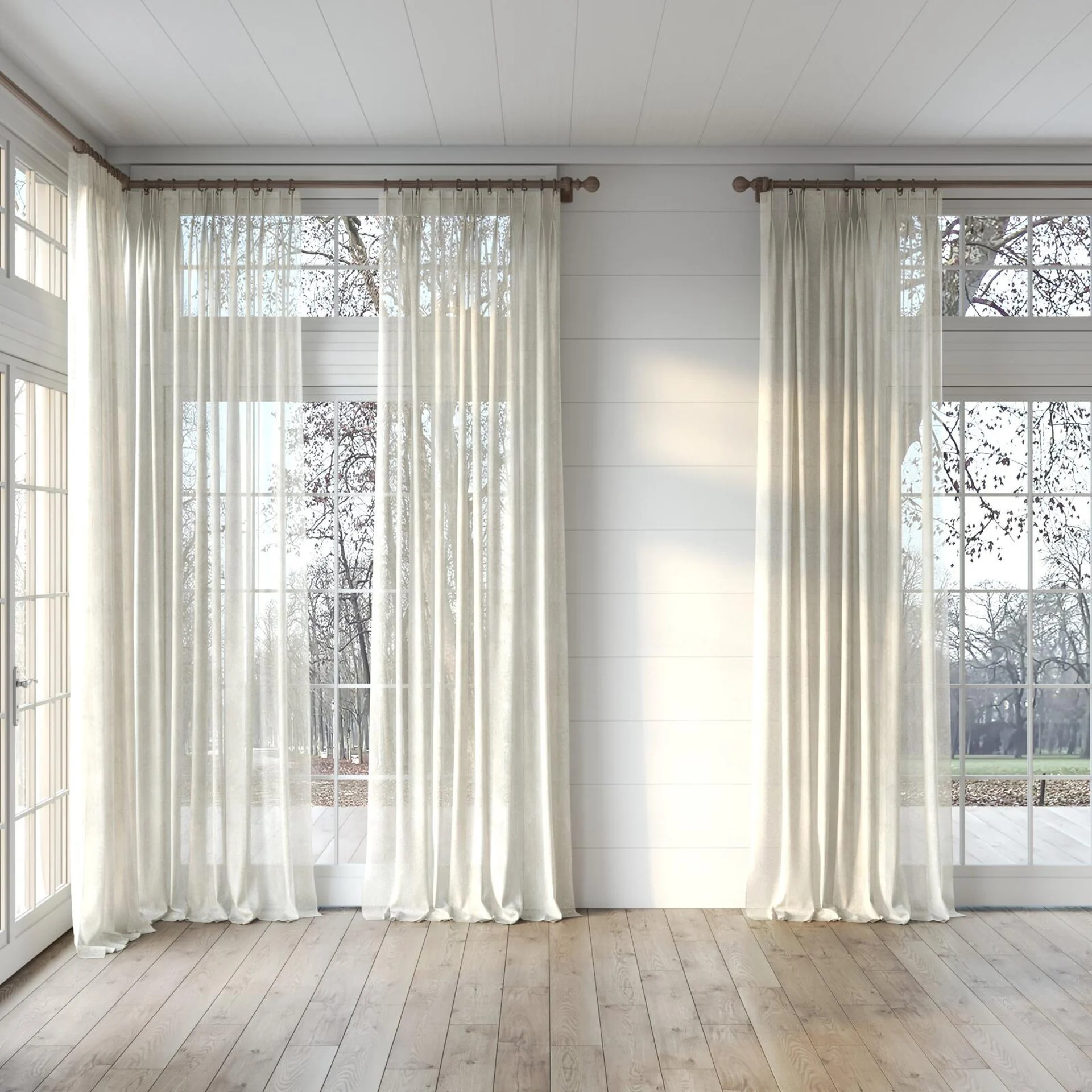 Full view of Savona Raffia, puddled, on curtain rod