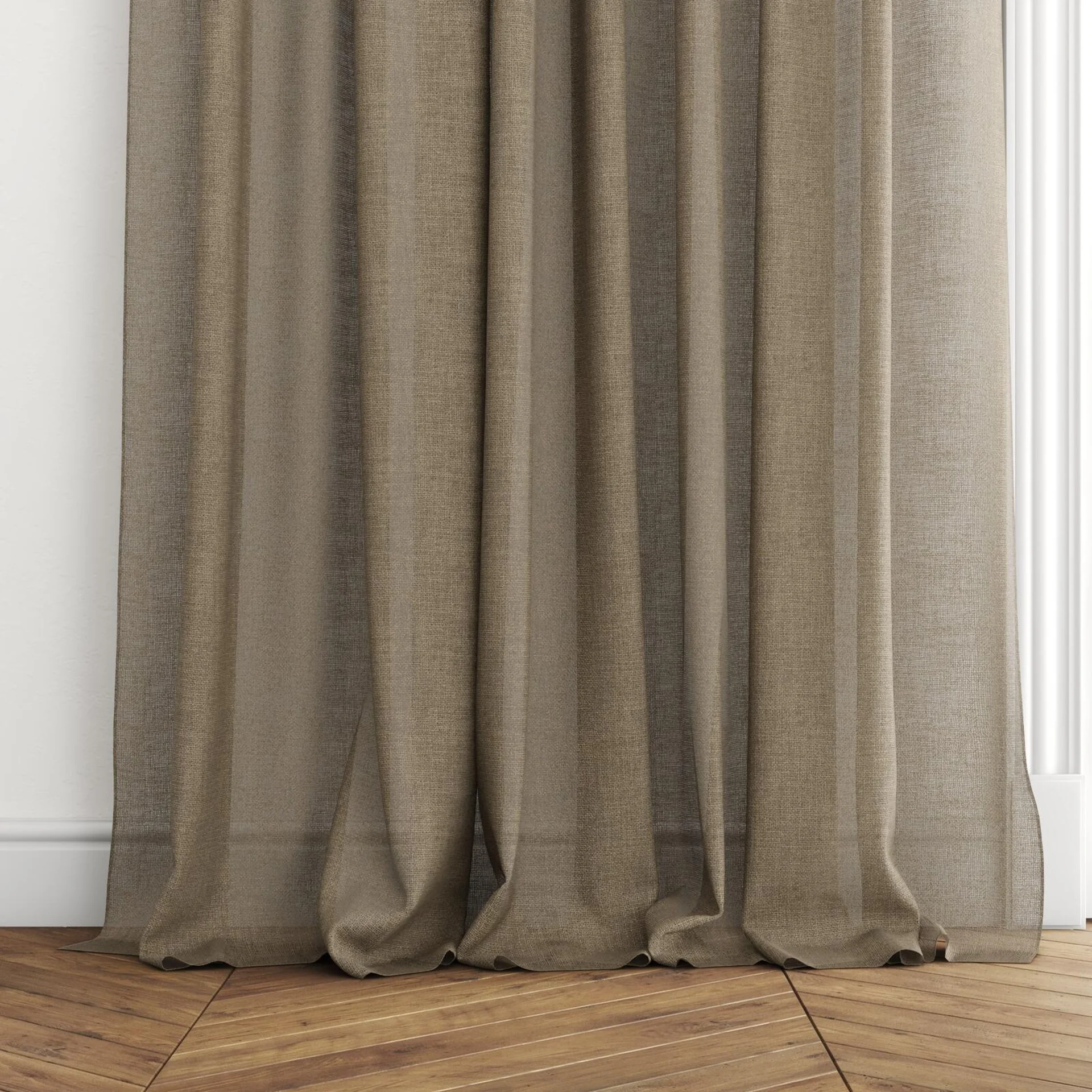 Bottom view of Statement Brownie, puddled with pinch pleat, on curtain rod