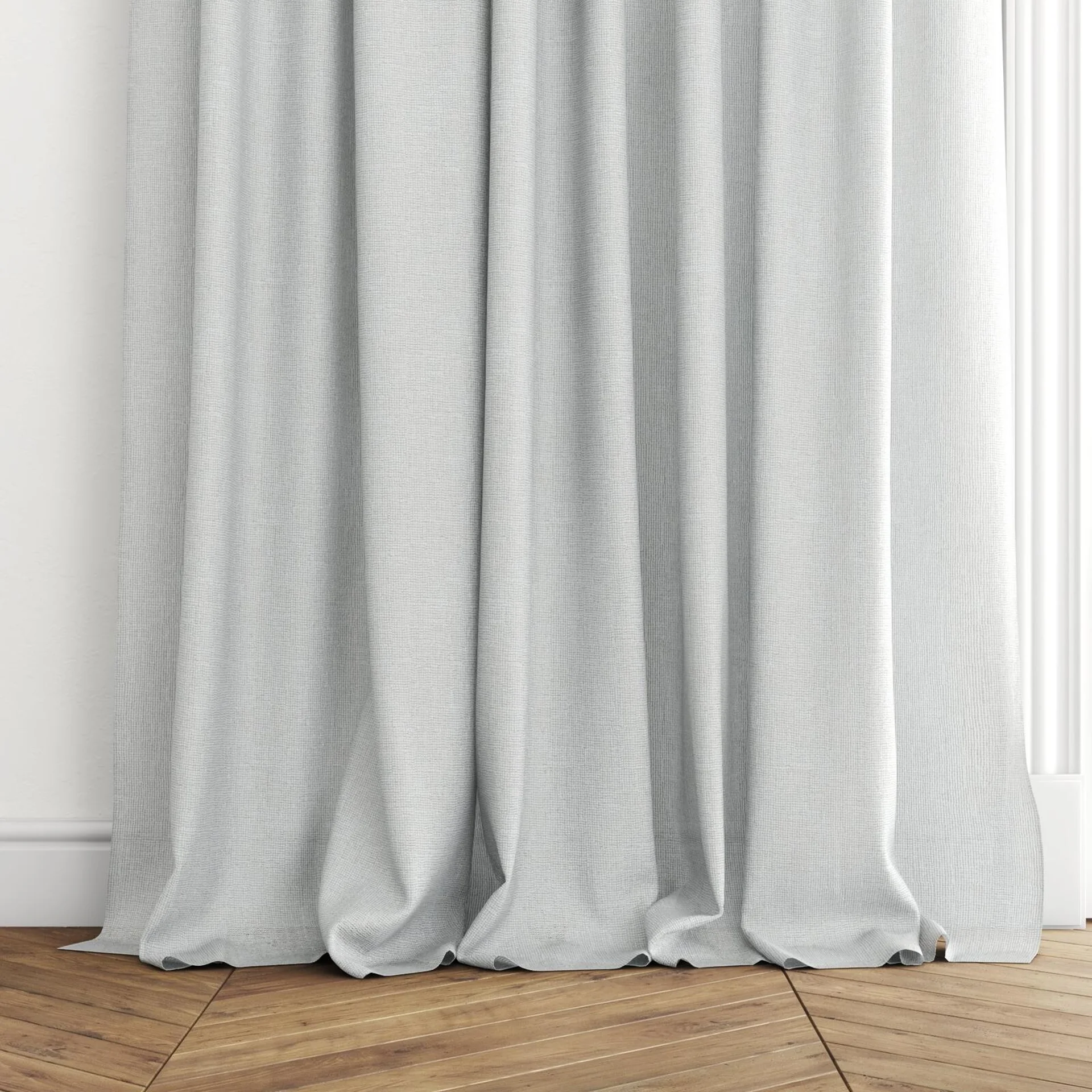 Bottom view of Mindful Dew, puddled with pinch pleat, on curtain rod