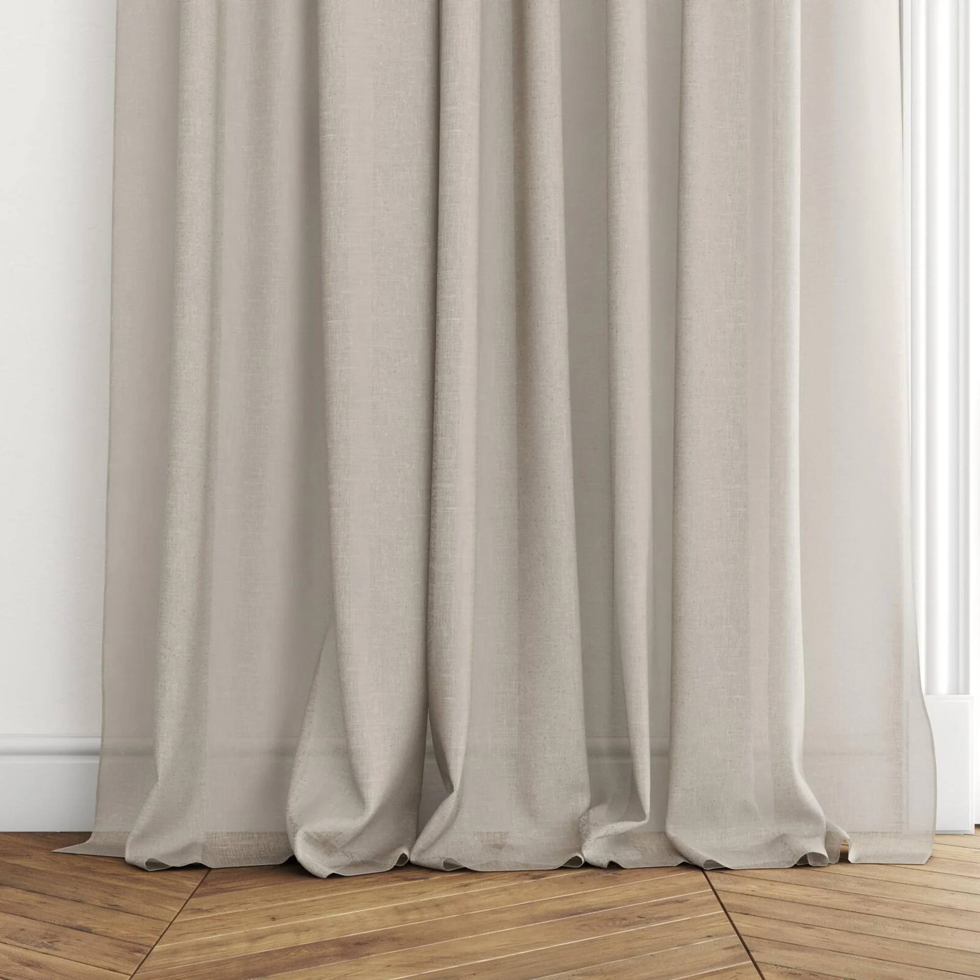 Bottom view of Uno Biscuit, puddled with pinch pleat, on curtain rod