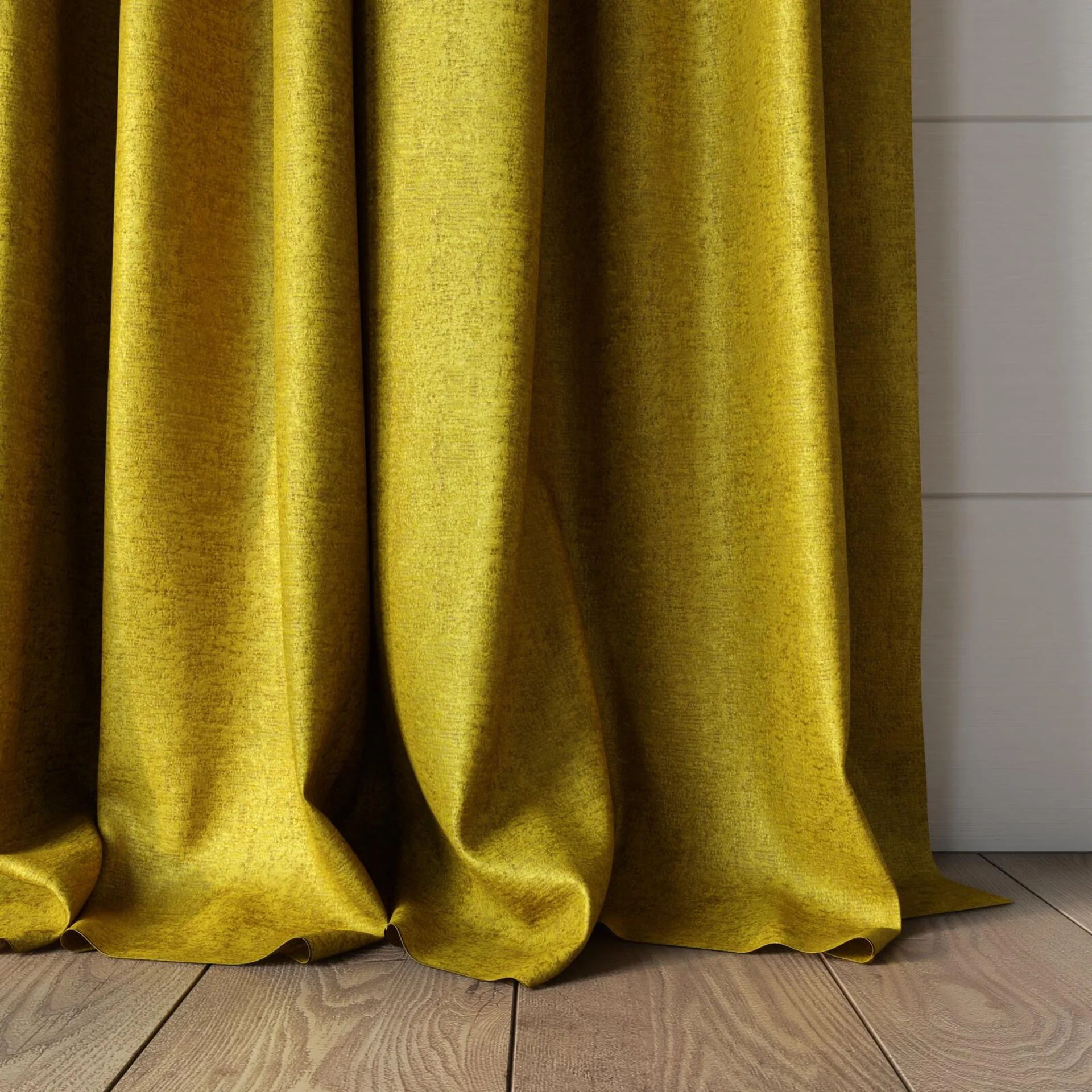 Bottom view of Hug Gold, puddled, on curtain rod