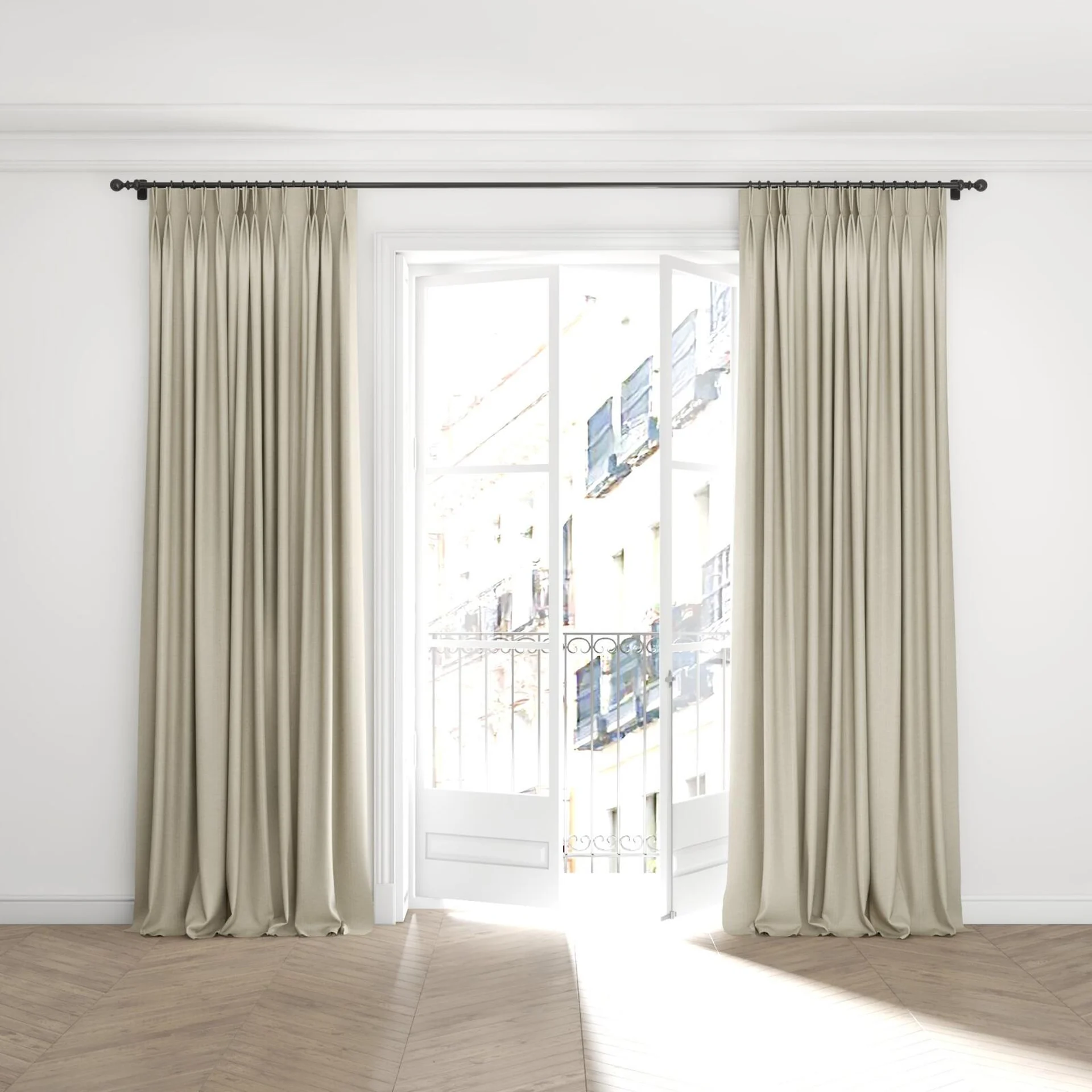 Full view of Casual Whisper, puddled with pinch pleat, on curtain rod
