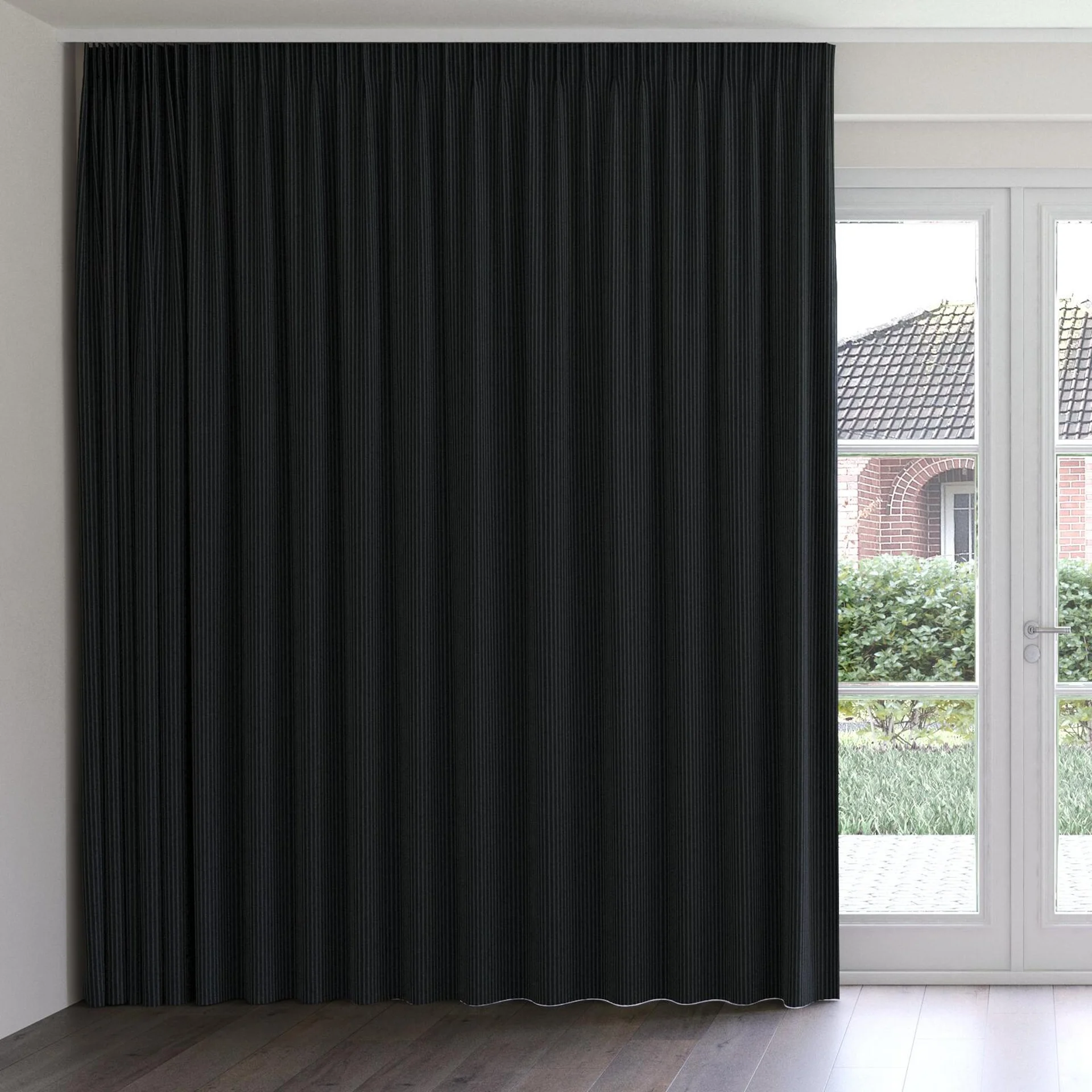 Front view of Embrace Reglisse, on curtain rail