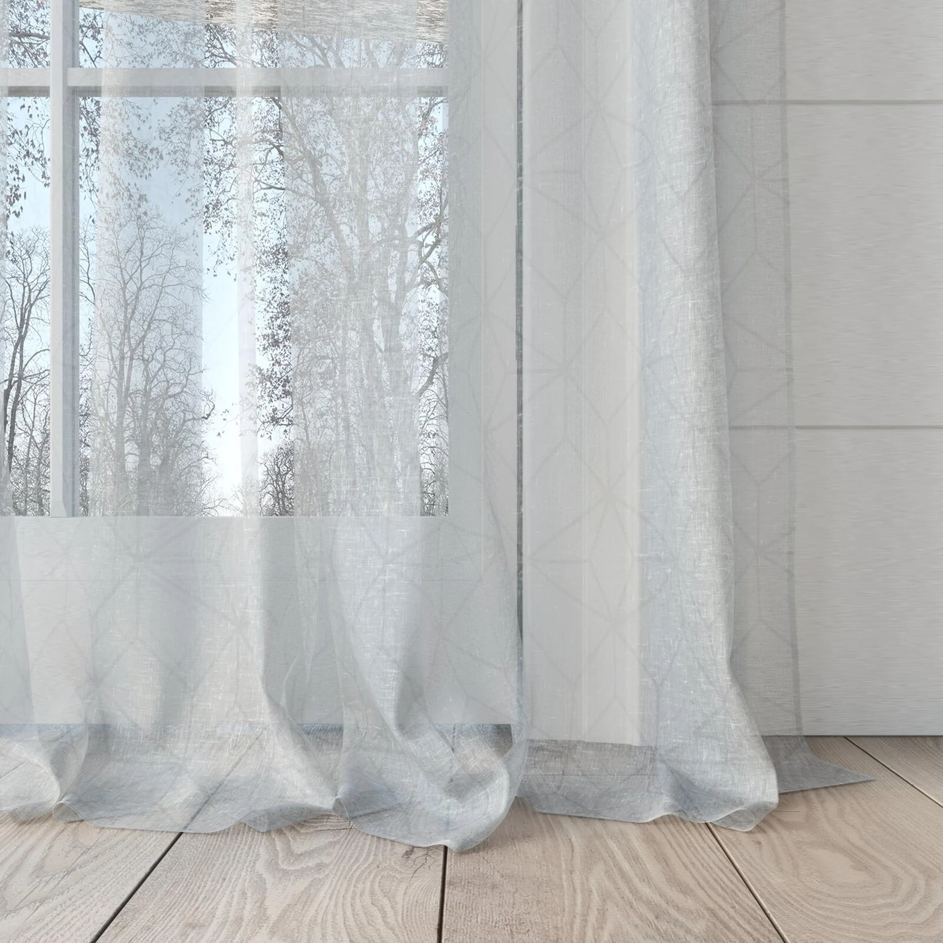 Bottom view of Alassio Winter, puddled, on curtain rod
