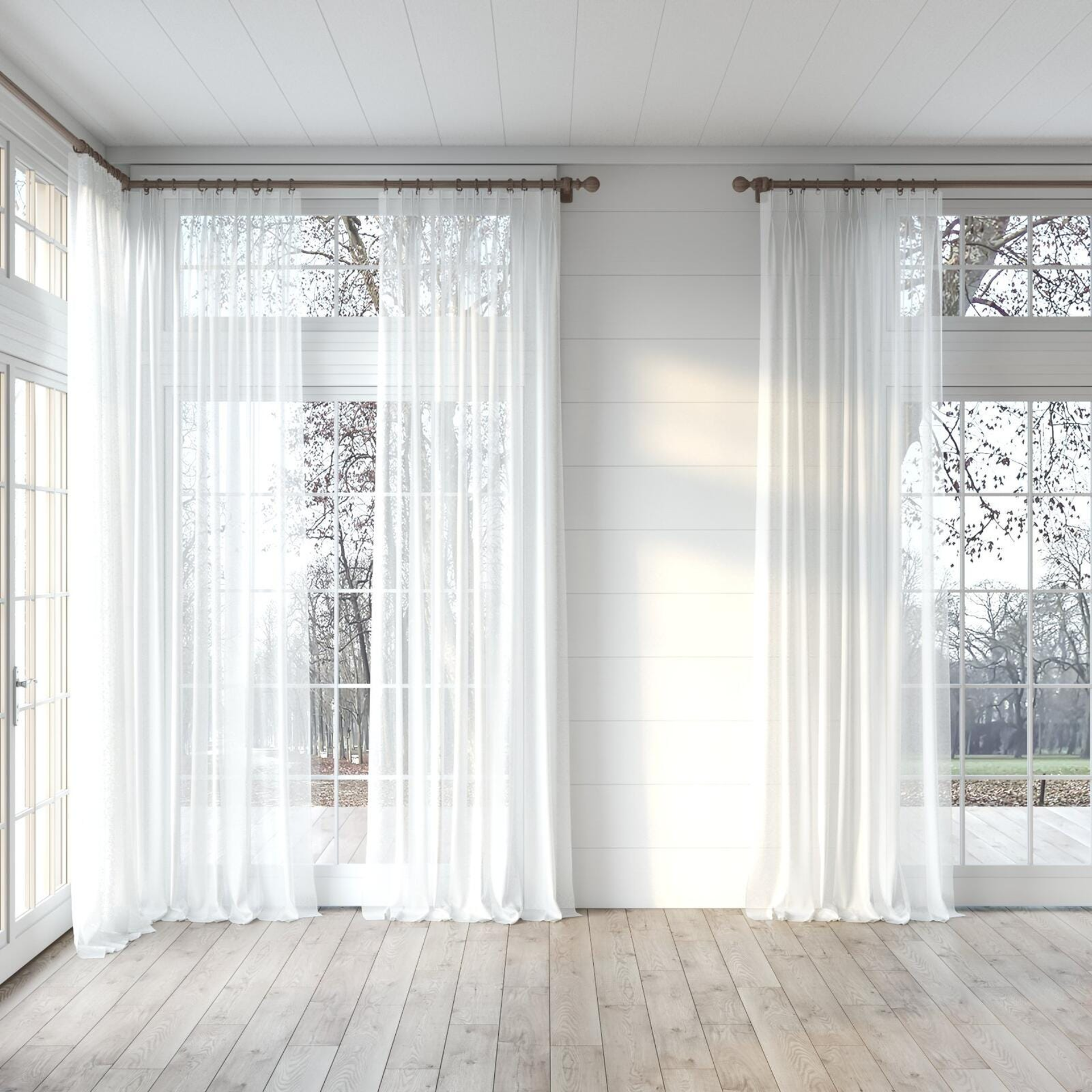 Full view of Wategos Snow, puddled, on curtain rod