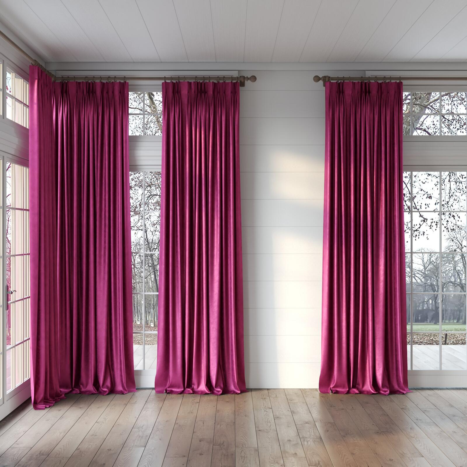 Full view of Fizz Magenta, puddled, on curtain rod