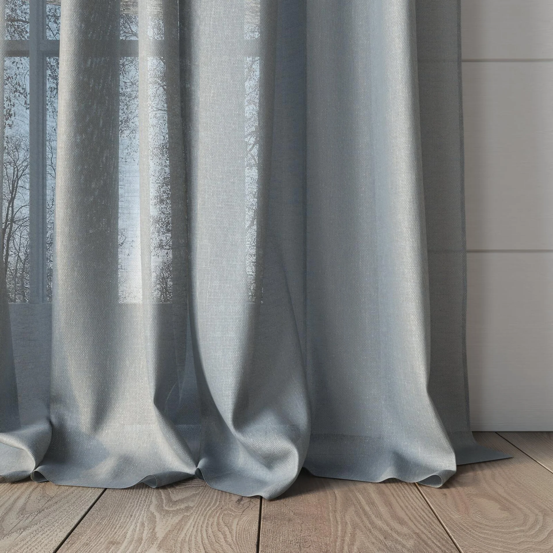 Bottom view of Alcova Fountain, puddled, on curtain rod