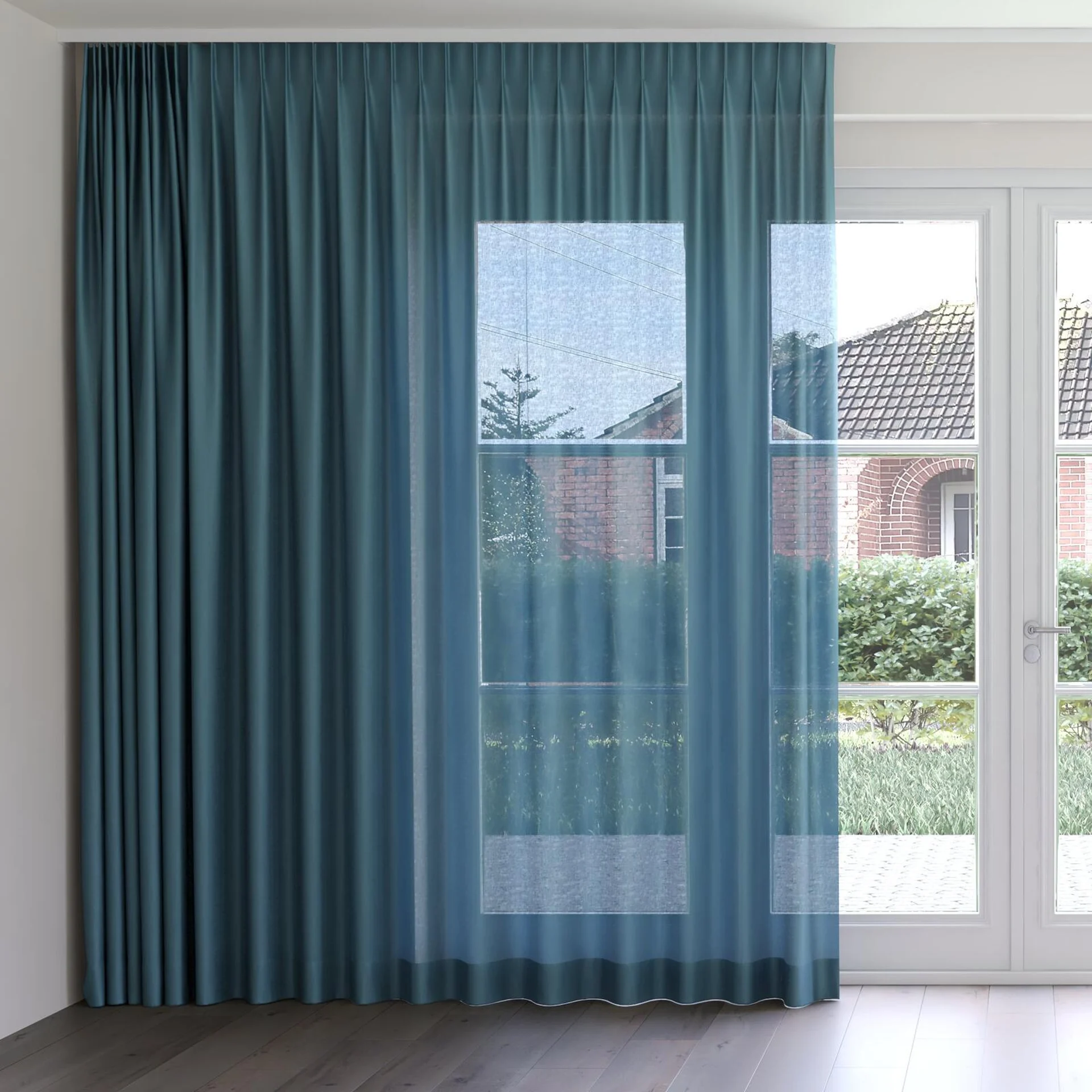 Front view of Linen Sanctuary, on curtain rail