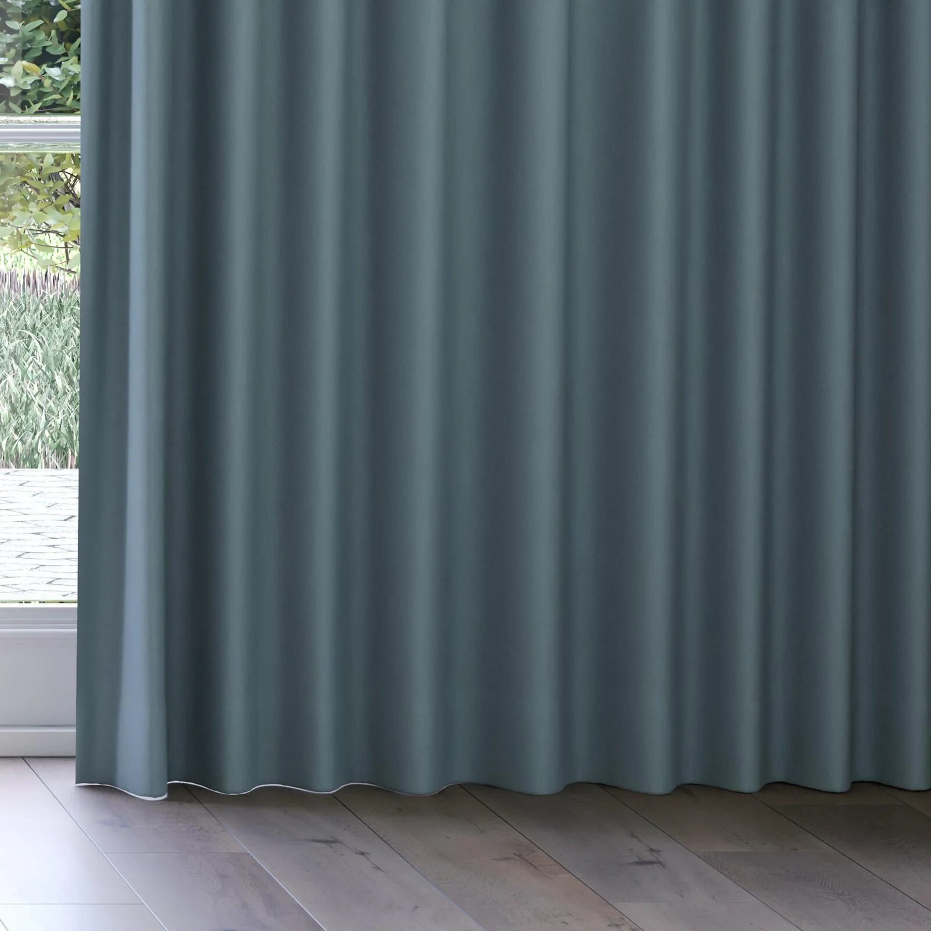 Bottom view of Oakley FR Teal, on curtain rail
