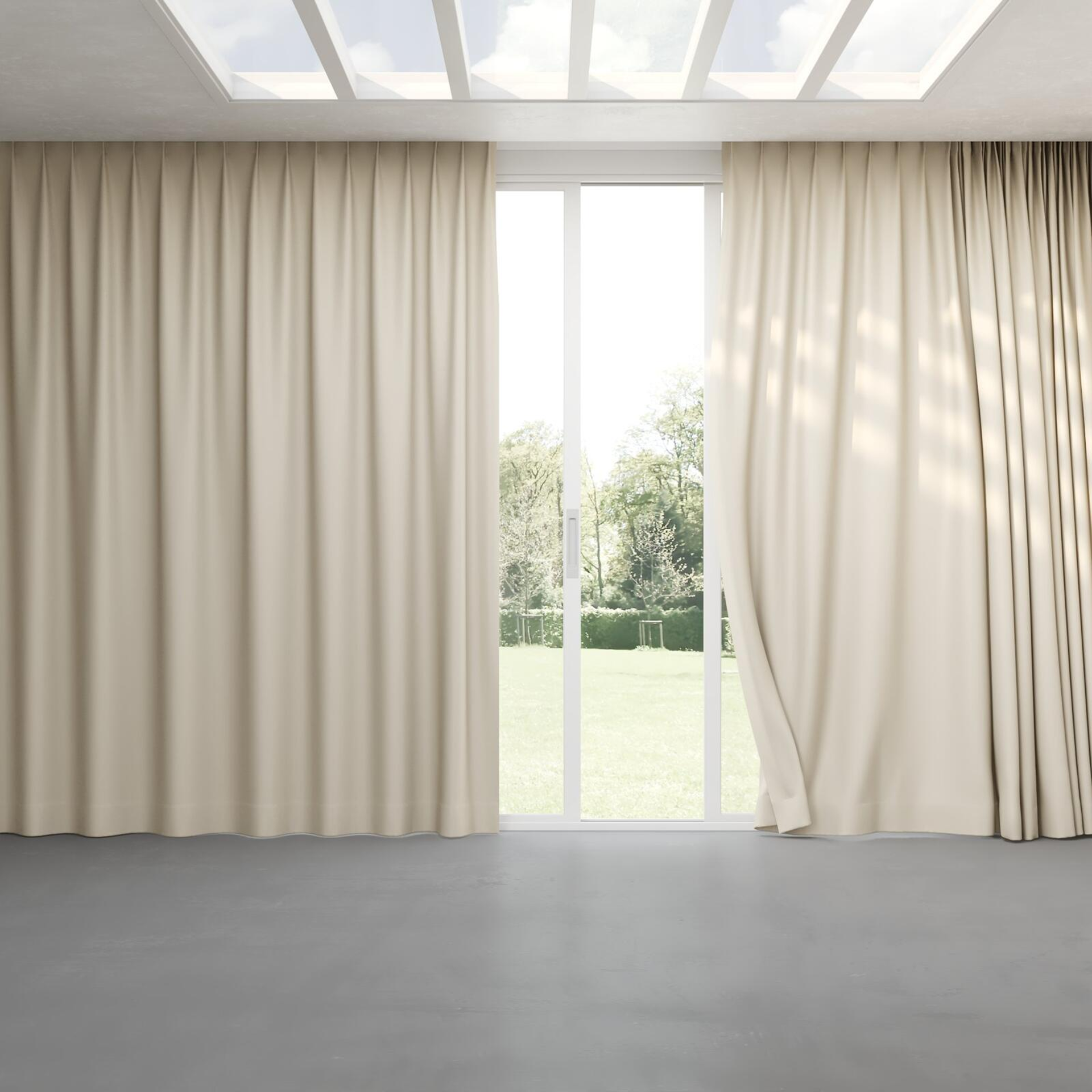 Full view of Woolskin Greige, pinch pleat