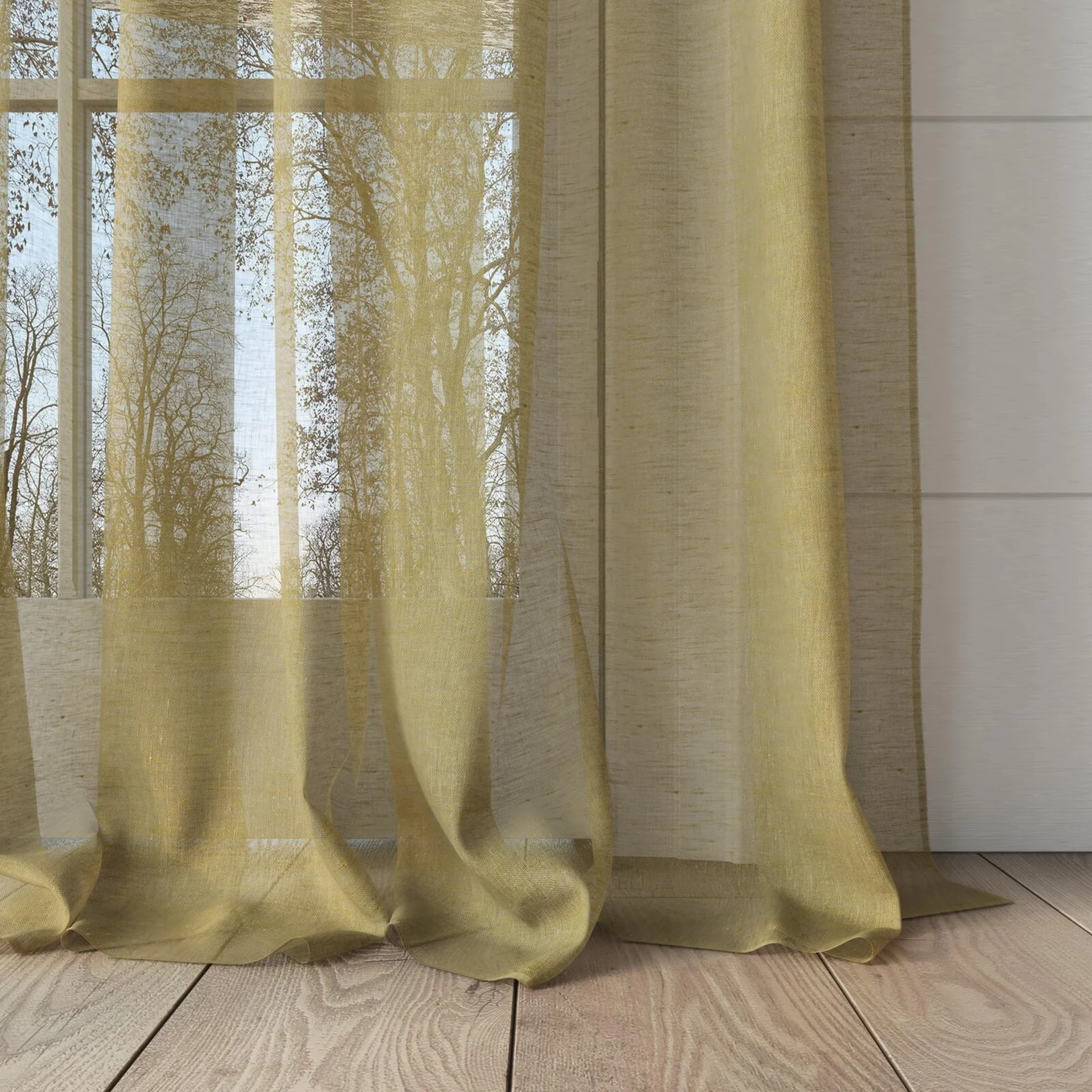 Bottom view of Pure Linen Willow, puddled, on curtain rod