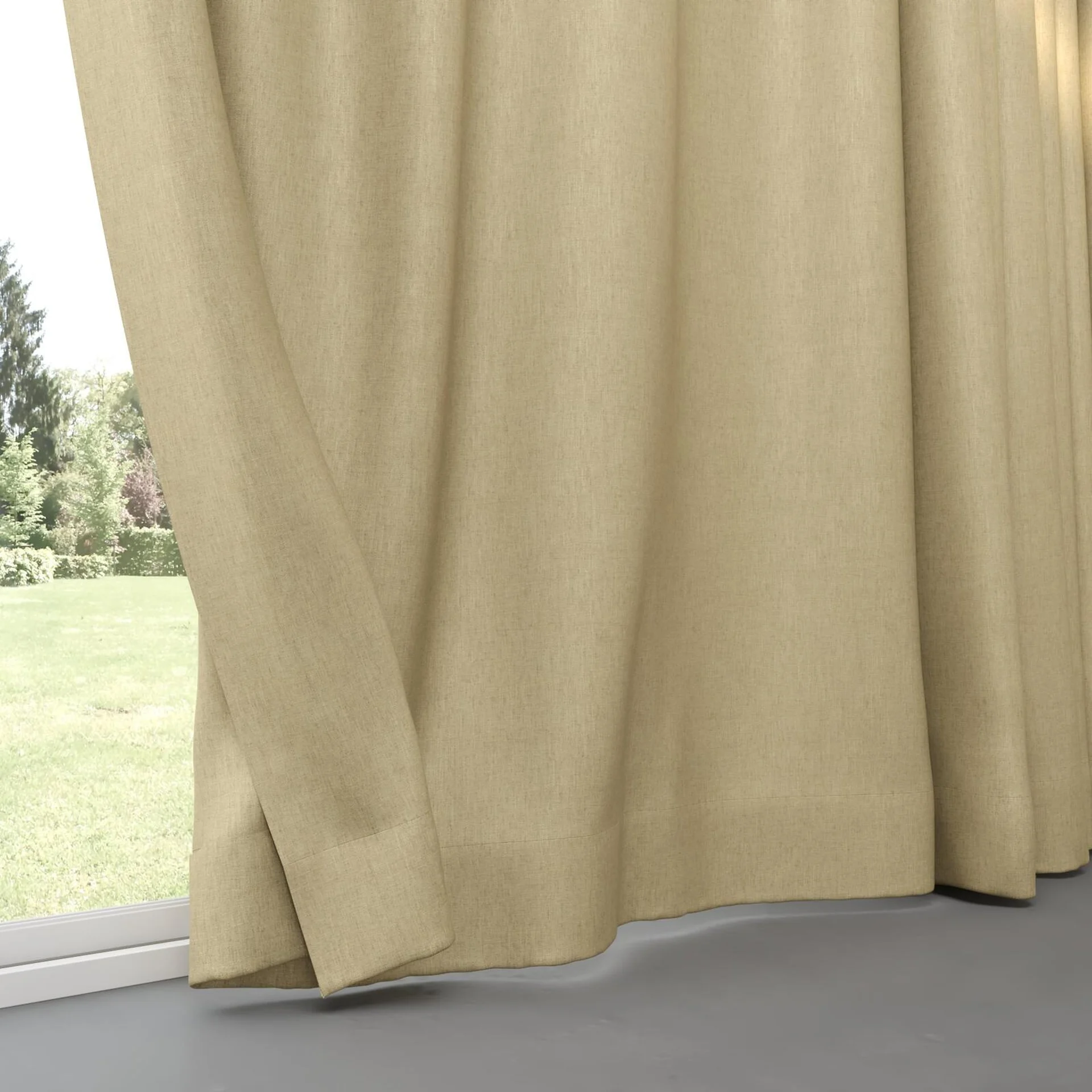 Bottom view of Stonewall Blackout Raffia, pinch pleat