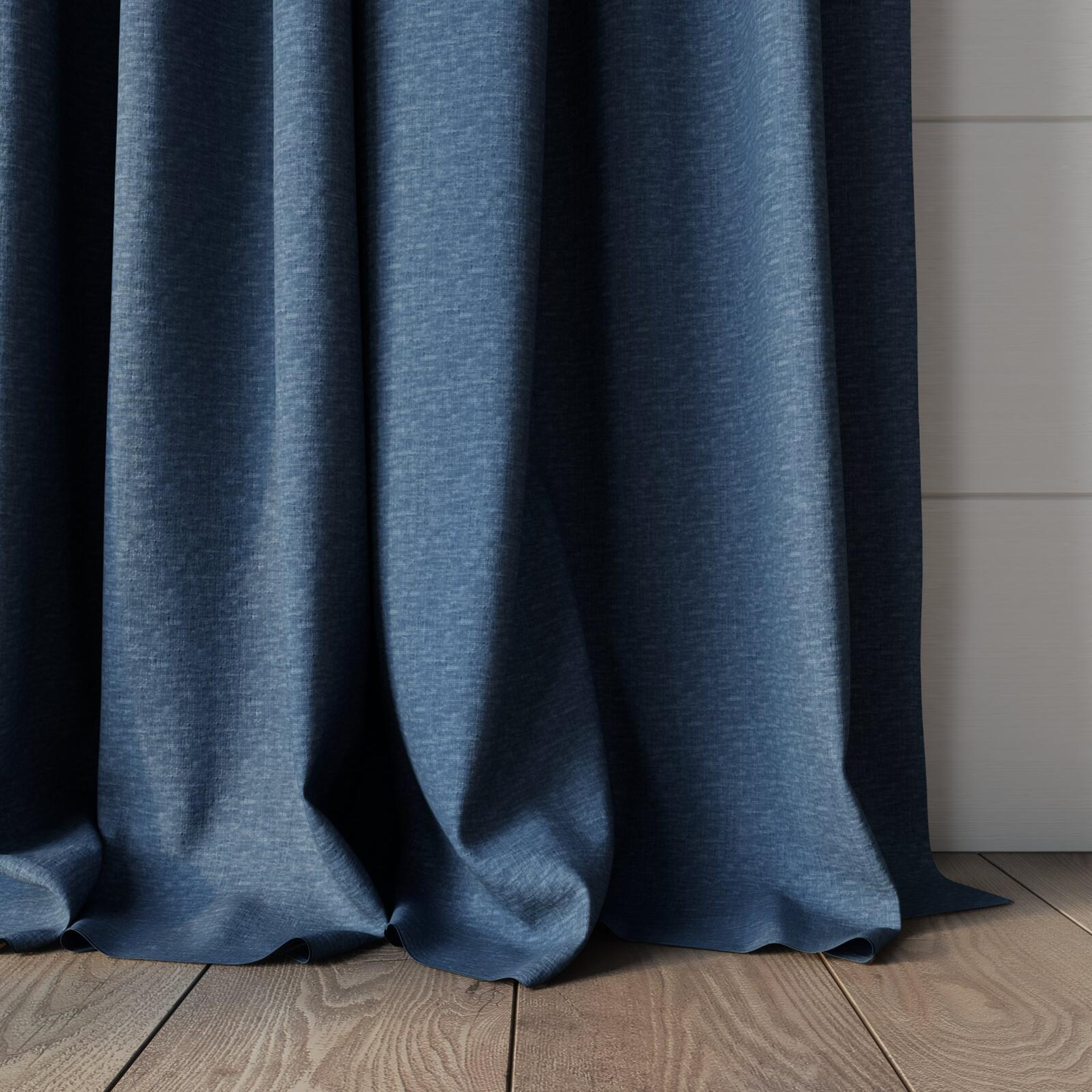 Bottom view of Coverlet Ocean, puddled, on curtain rod