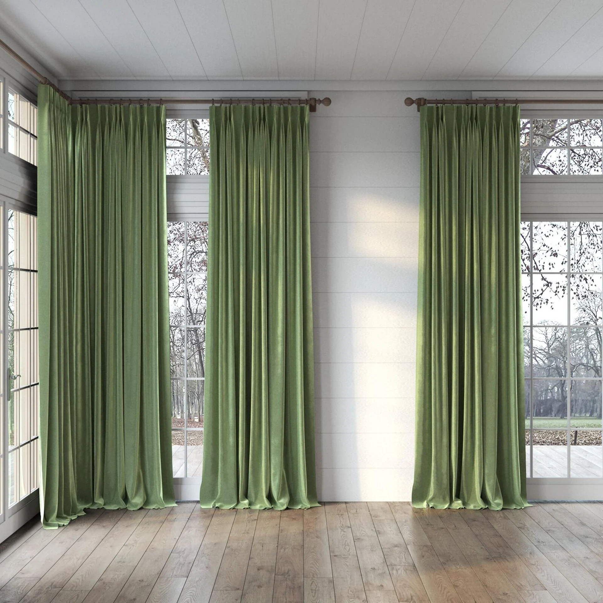 Full view of Velvelux Matcha, puddled, on curtain rod