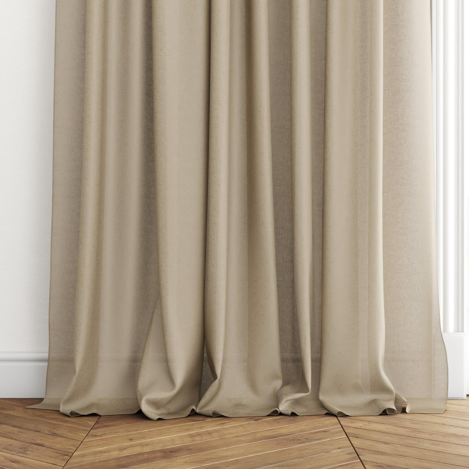 Bottom view of Wategos Sandstone, puddled with pinch pleat, on curtain rod
