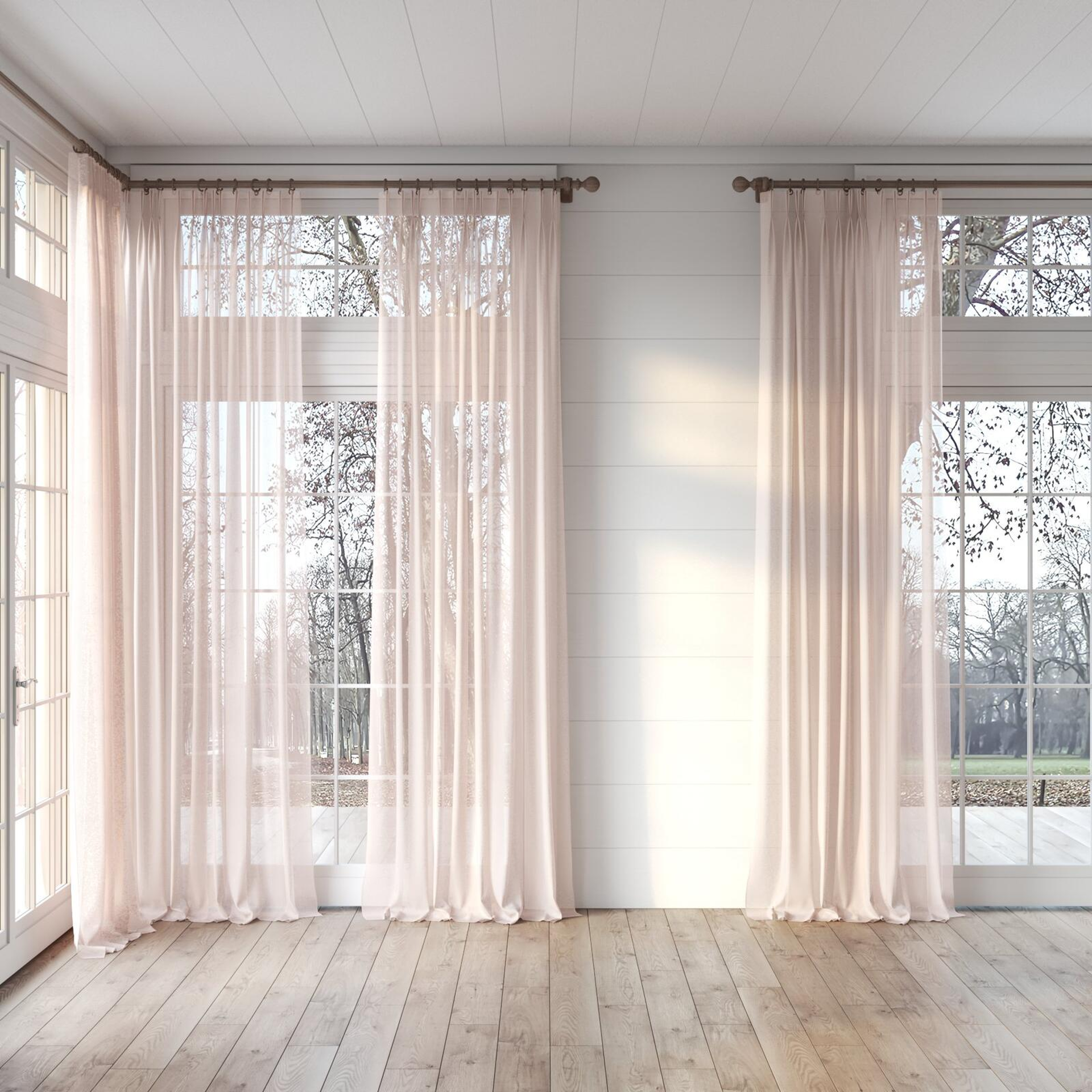 Full view of Sardinia Rosa, puddled, on curtain rod