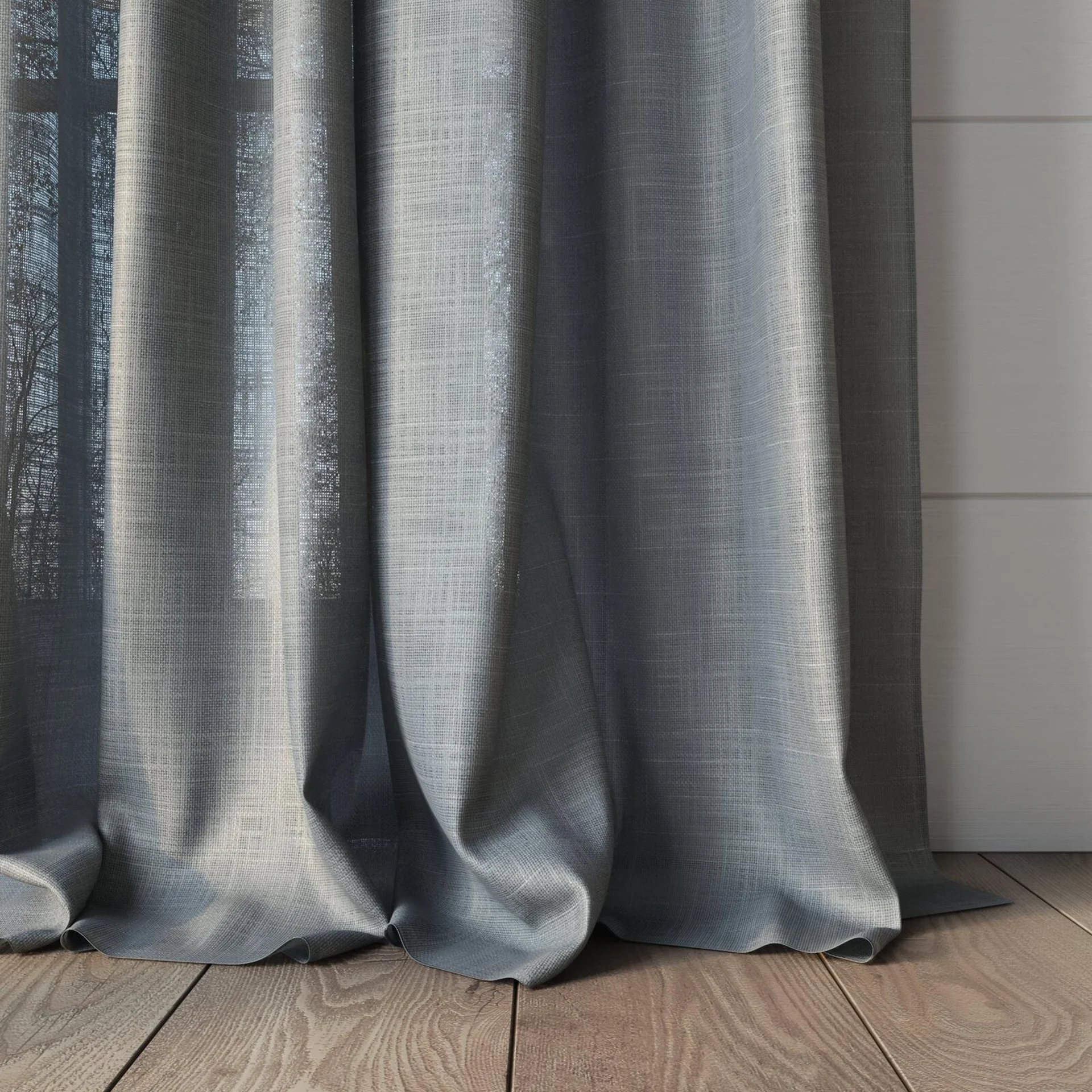 Bottom view of Charanga Shadow, puddled, on curtain rod