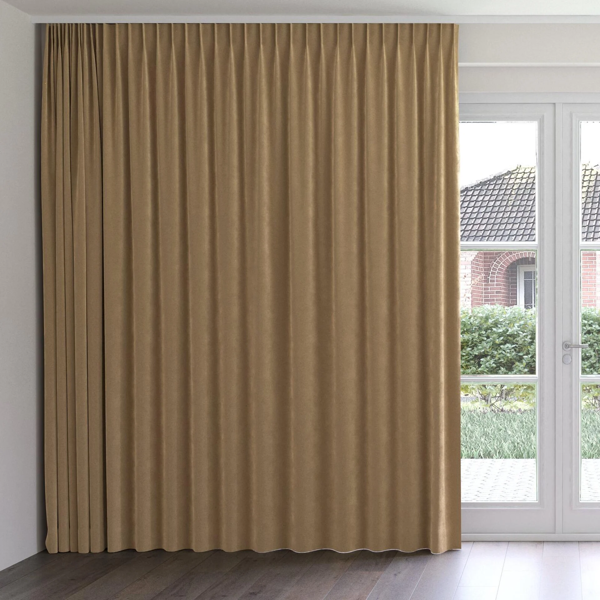 Front view of Lux Velvet Coffee 8407, on curtain rail