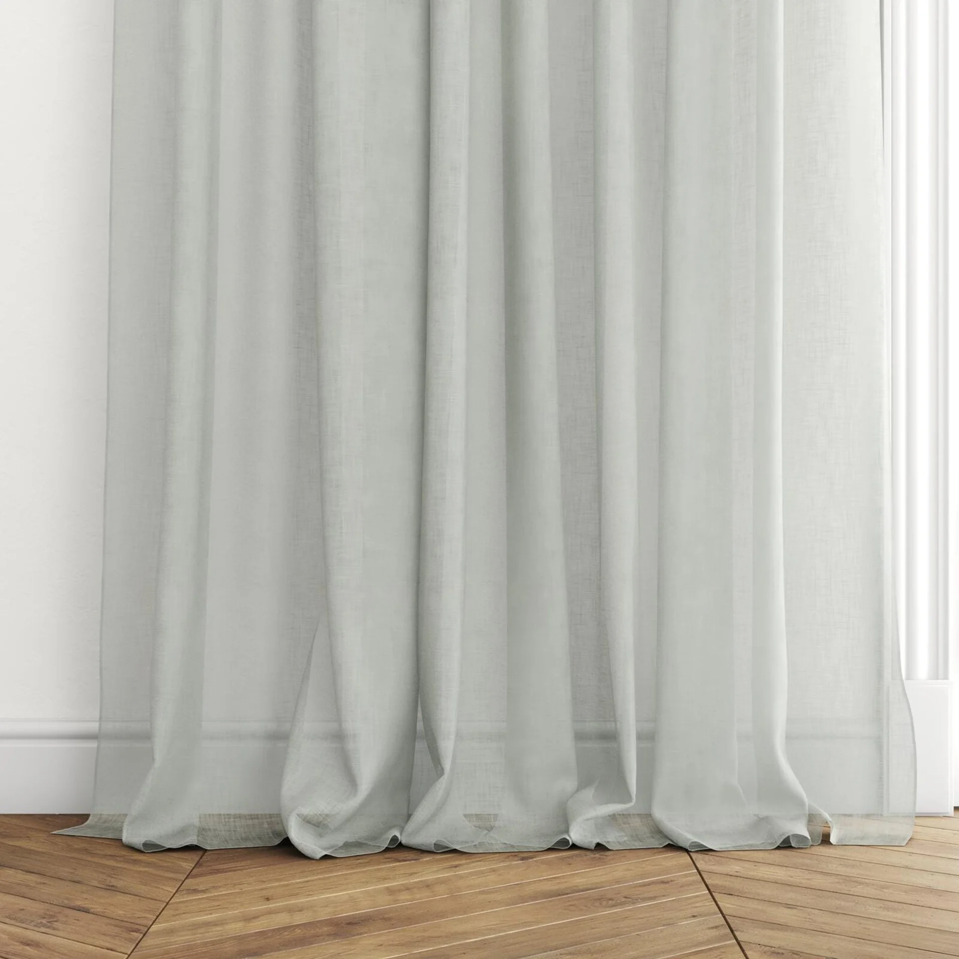 Bottom view of Coastal Surf, puddled with pinch pleat, on curtain rod
