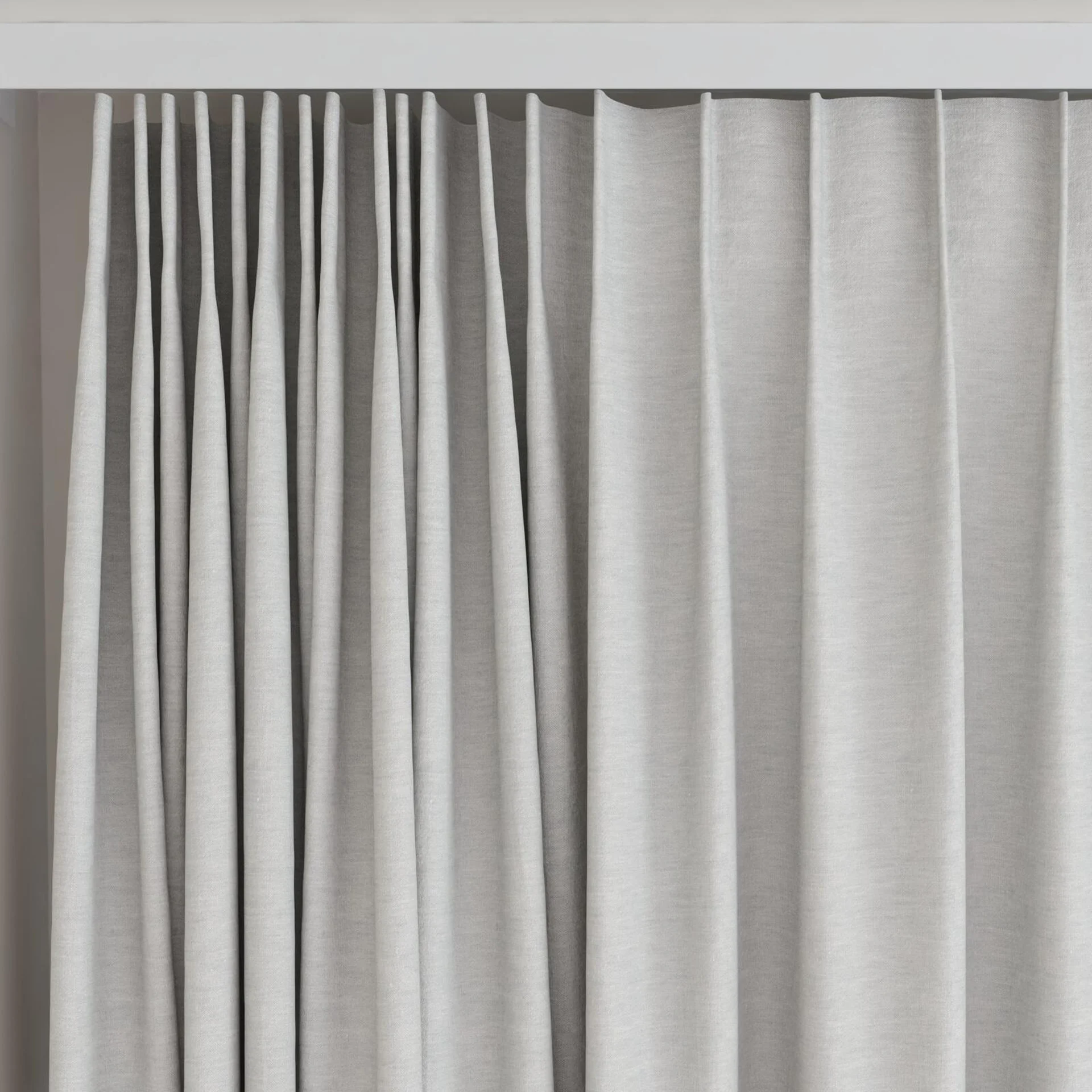 Top view of Obi Stonewash Silver Birch, on curtain rail