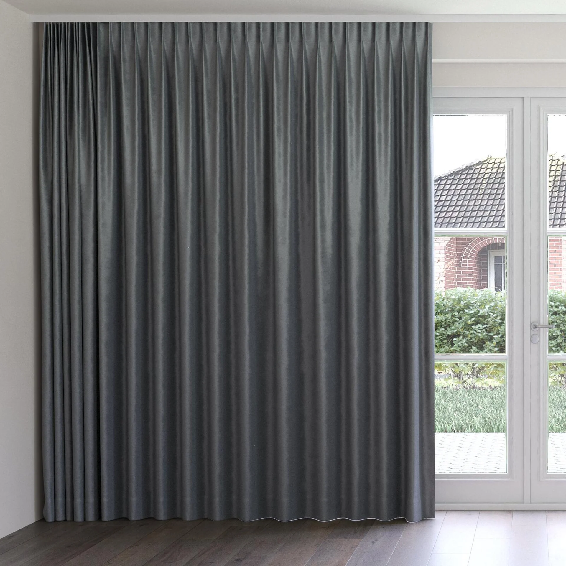 Front view of Velvelux Pewter, on curtain rail