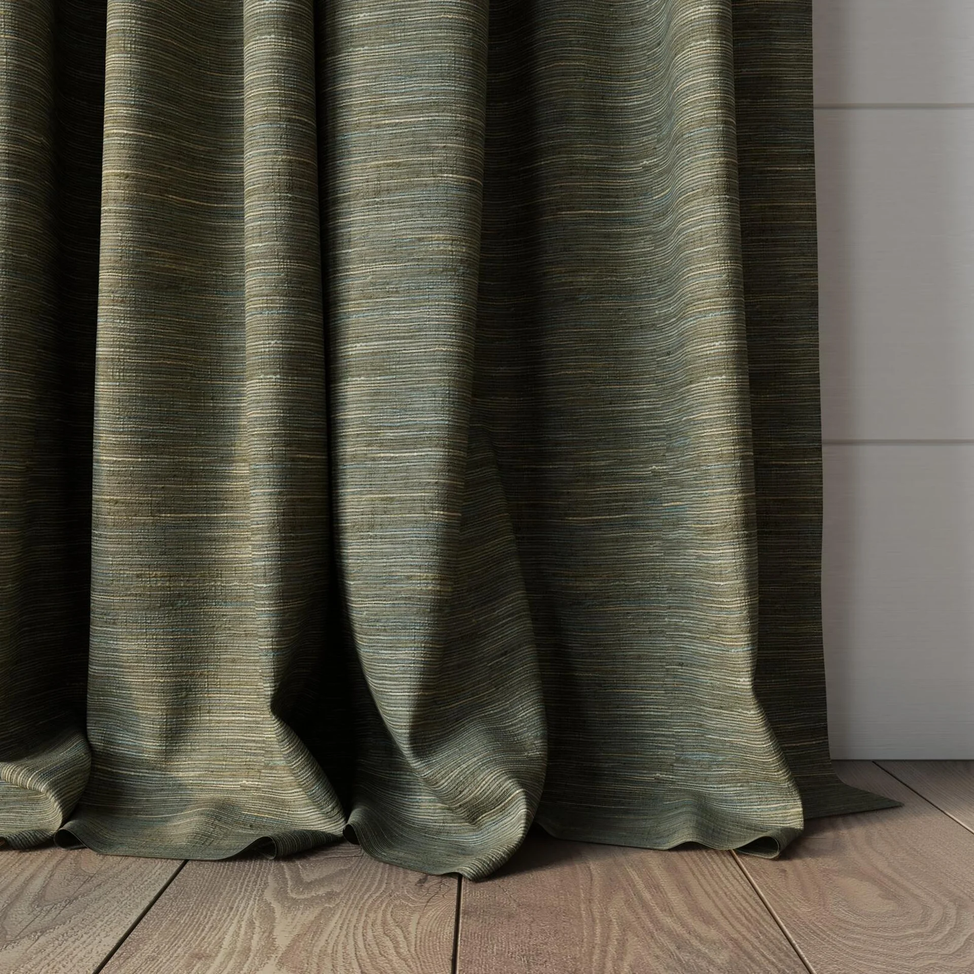 Bottom view of Venus Cypress, puddled, on curtain rod