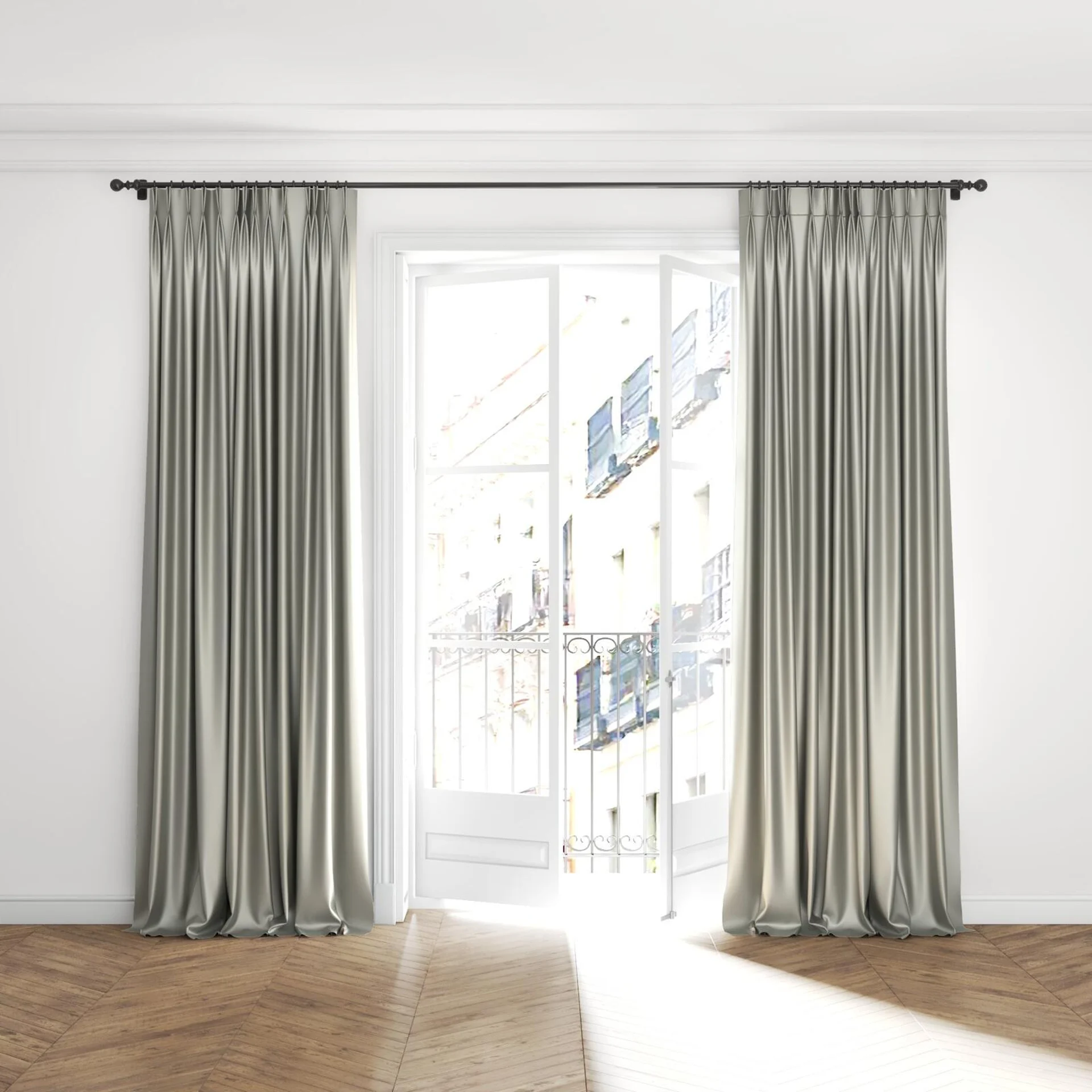 Full view of North Face Silver, puddled with pinch pleat, on curtain rod