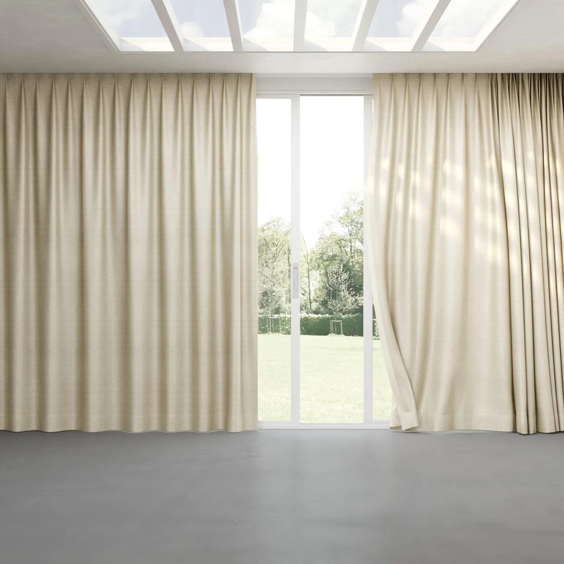 Full view of Zircon Linen, pinch pleat