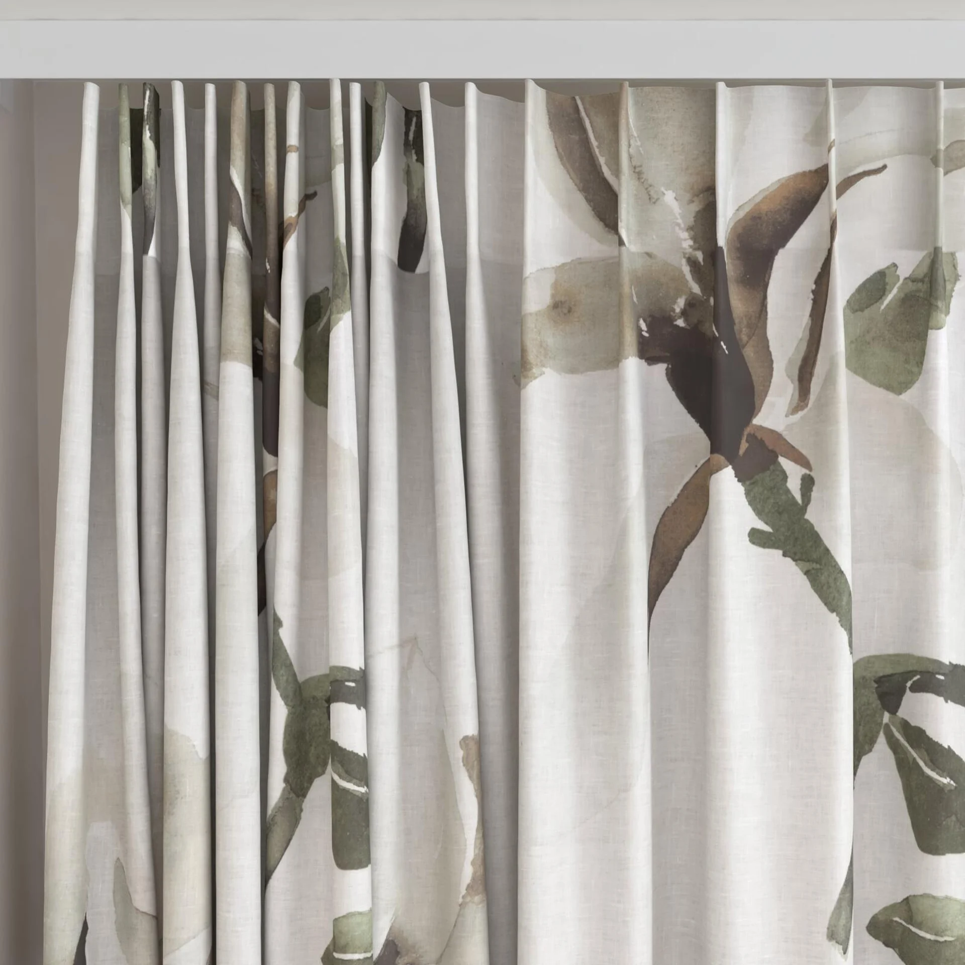Top view of Magnolia Grandiflora Clove, on curtain rail