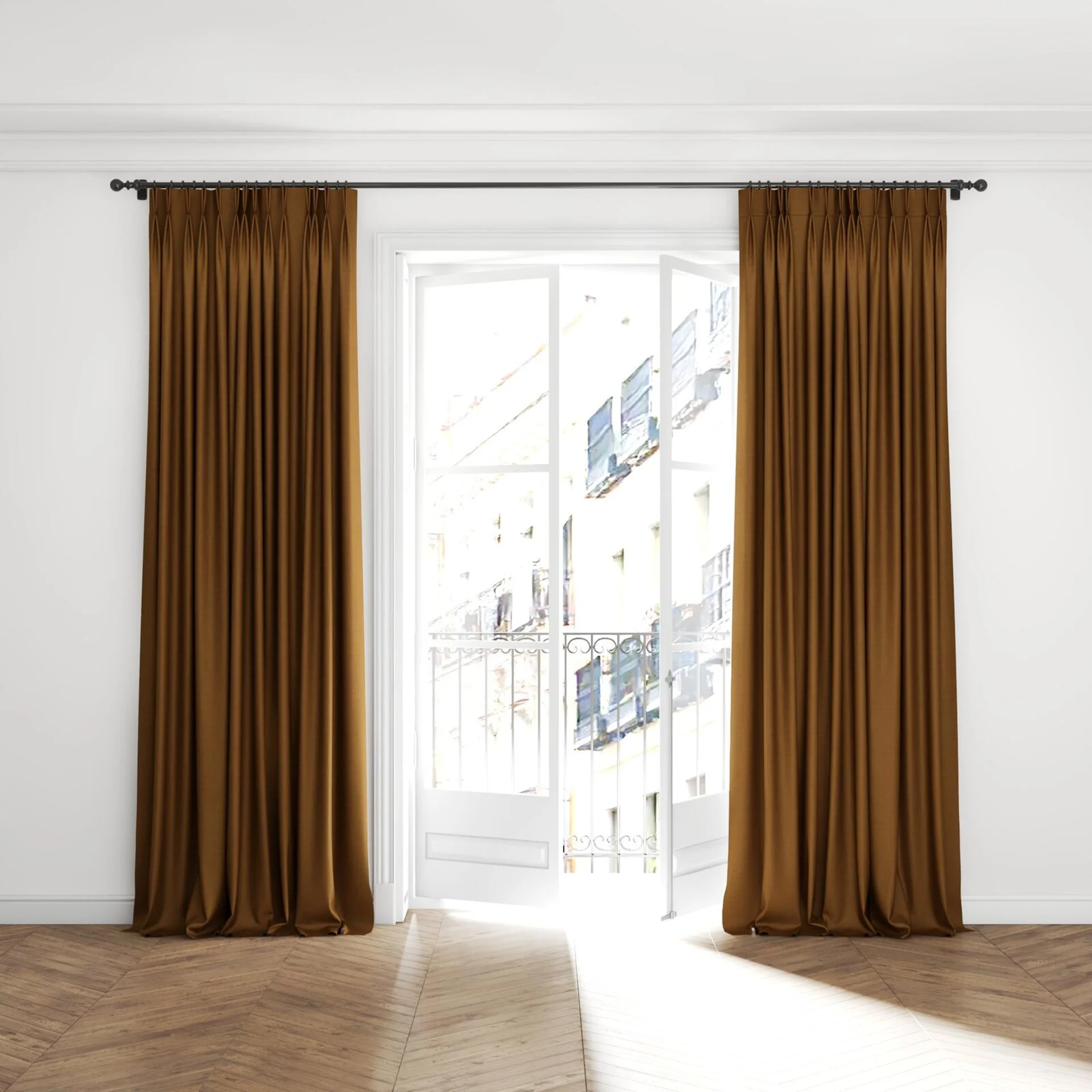 Full view of Linex Chipmunk, puddled with pinch pleat, on curtain rod