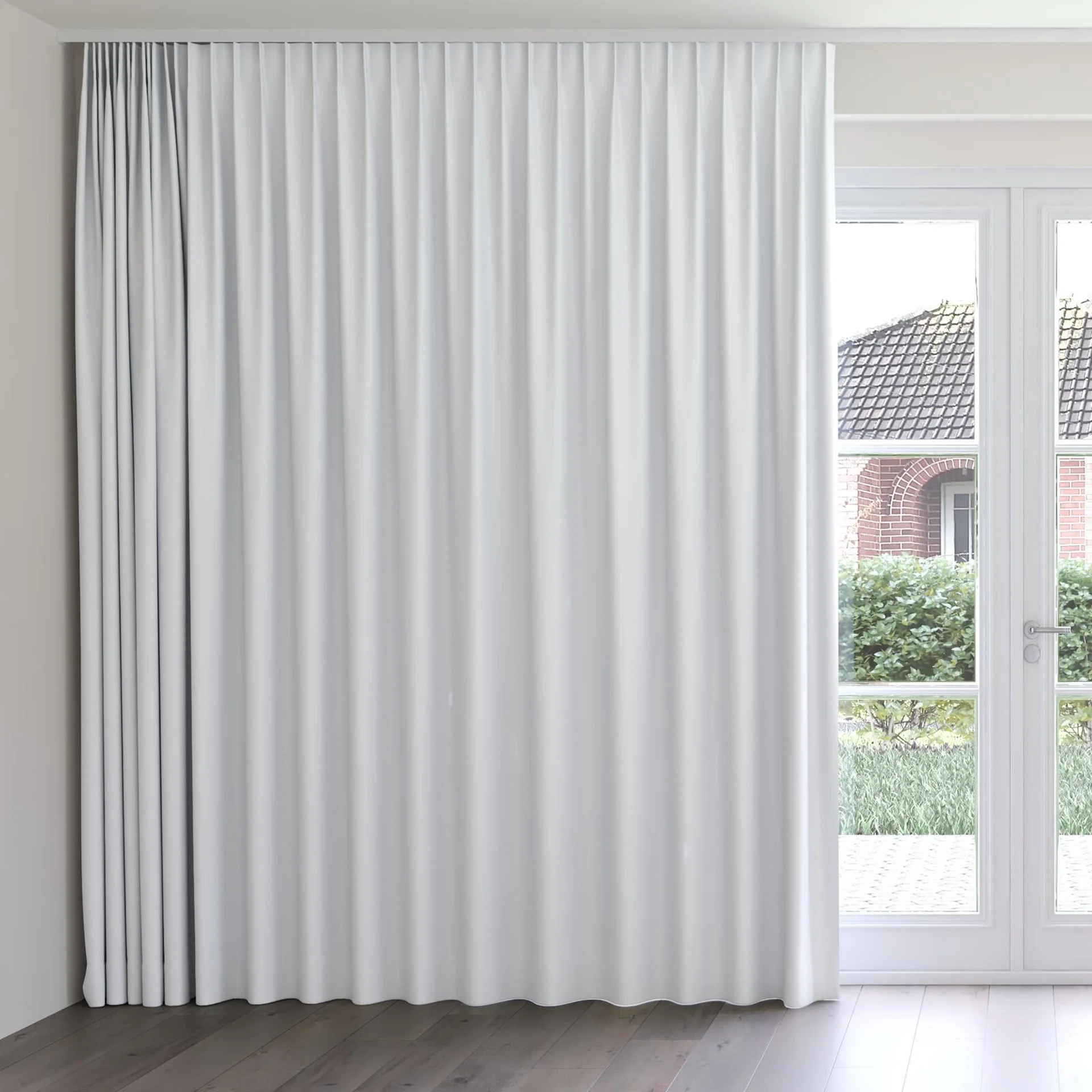 Front view of Ultra Dim Angora, on curtain rail