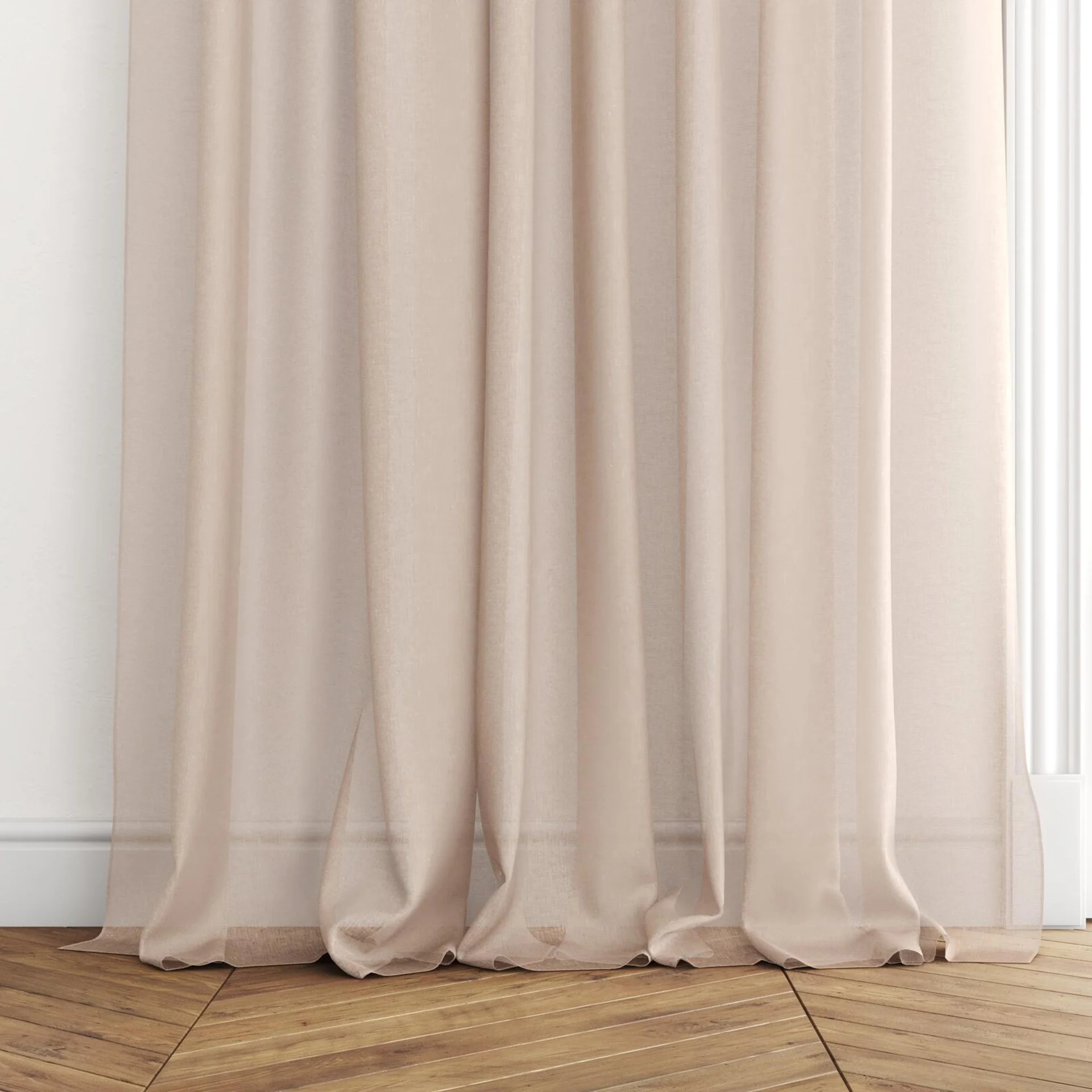 Bottom view of Reverie Blush, puddled with pinch pleat, on curtain rod