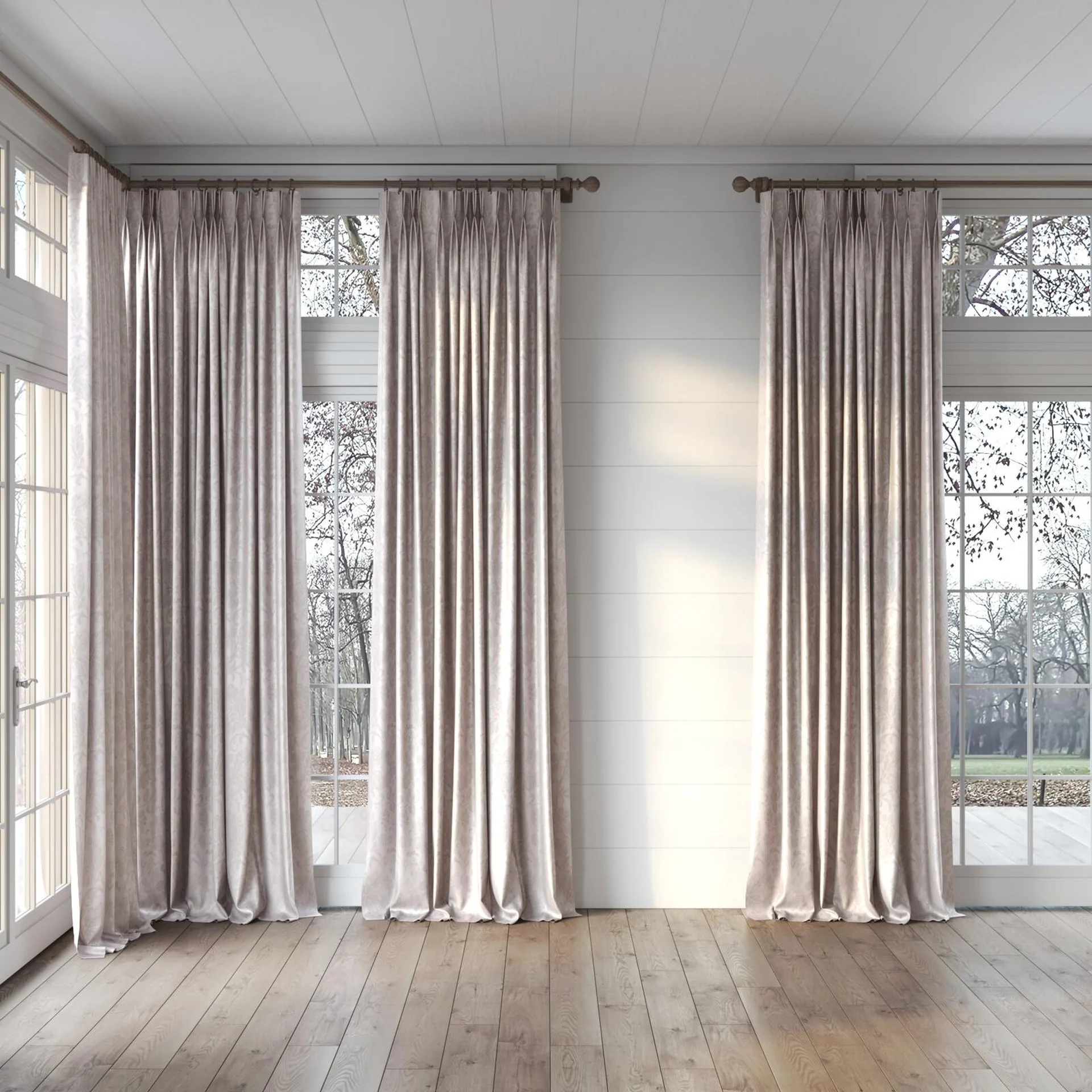 Full view of Florentine Boudoir, puddled, on curtain rod