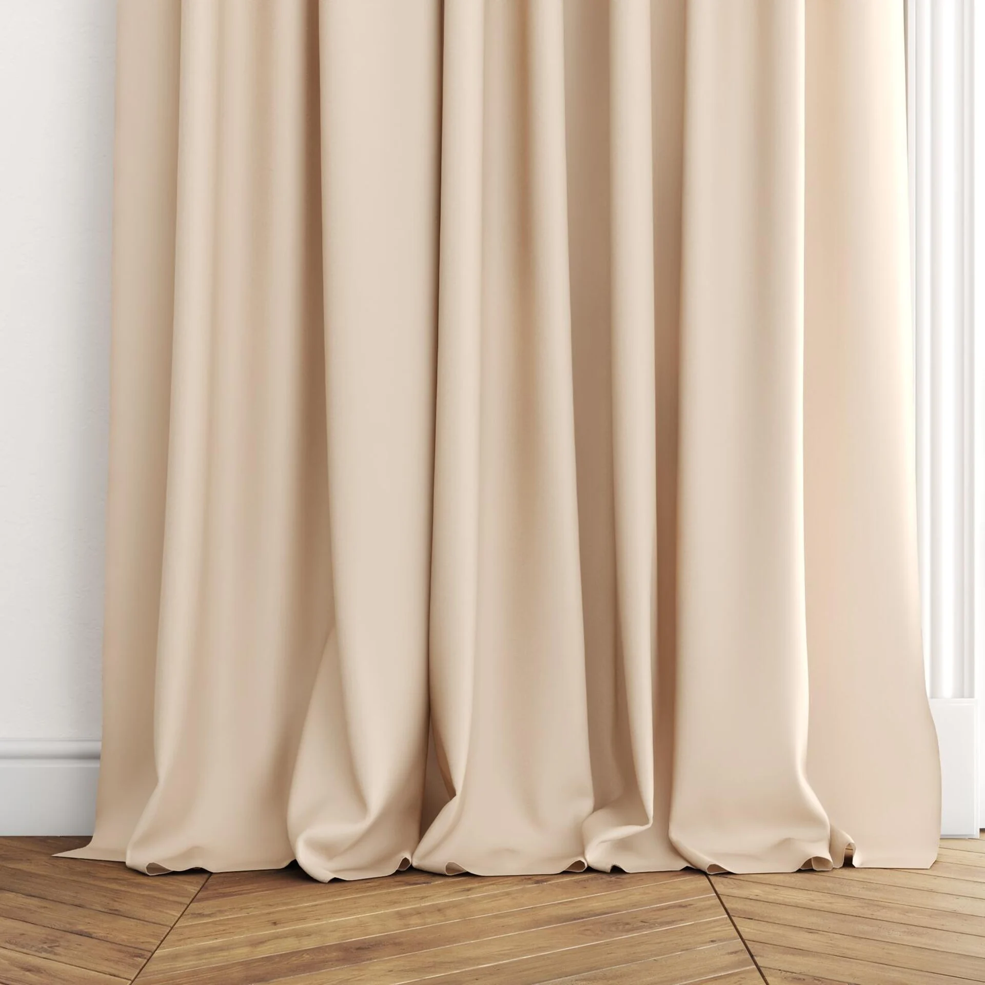 Bottom view of Kite Bellini, puddled with pinch pleat, on curtain rod