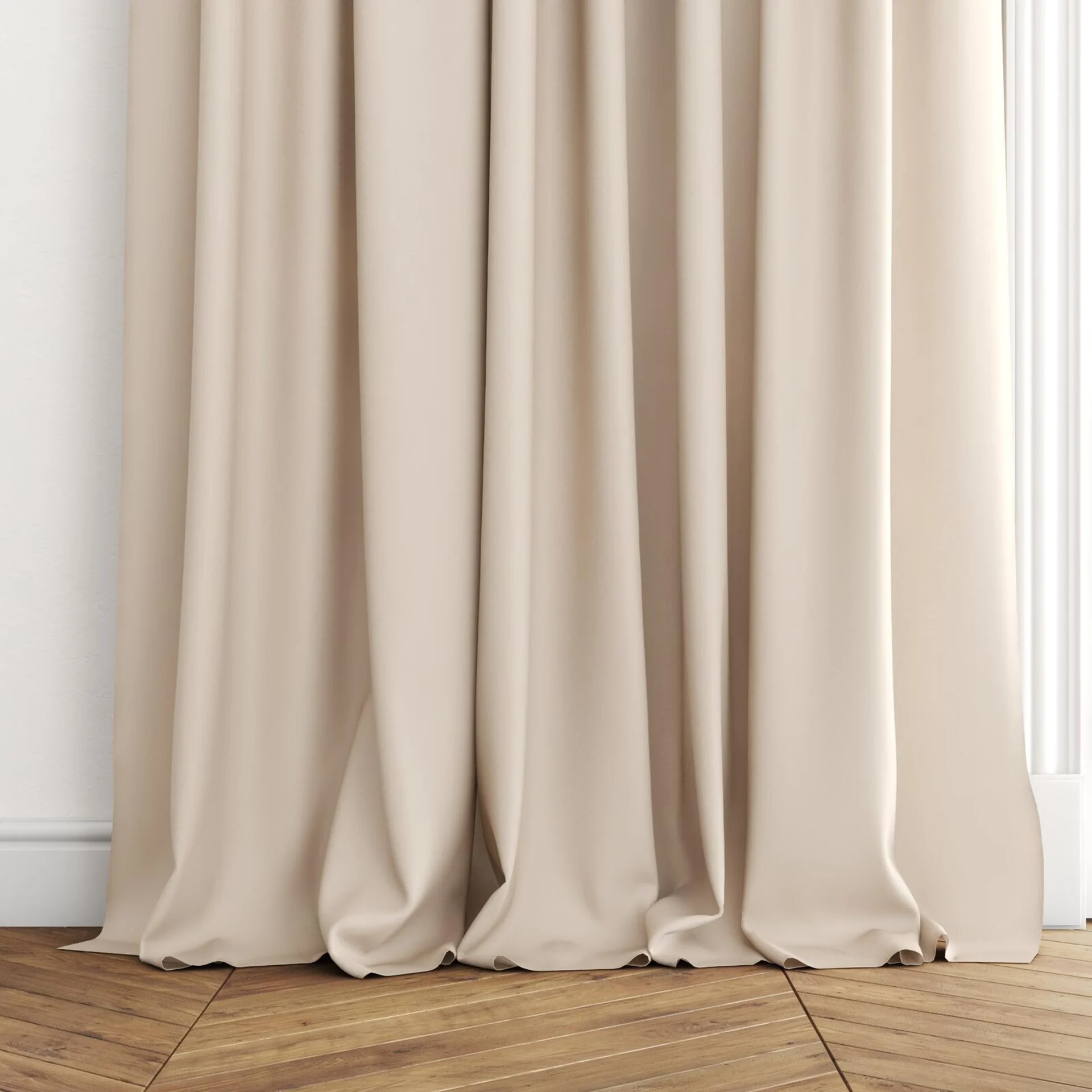 Bottom view of Kite Taupe, puddled with pinch pleat, on curtain rod