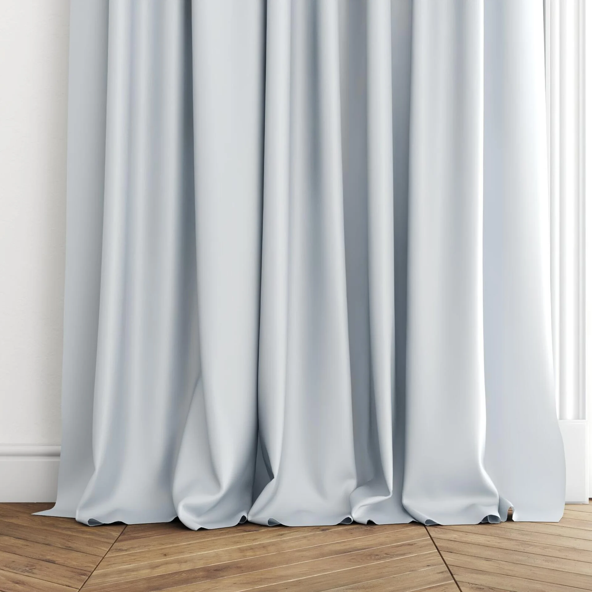 Bottom view of Optima Cloud, puddled with pinch pleat, on curtain rod