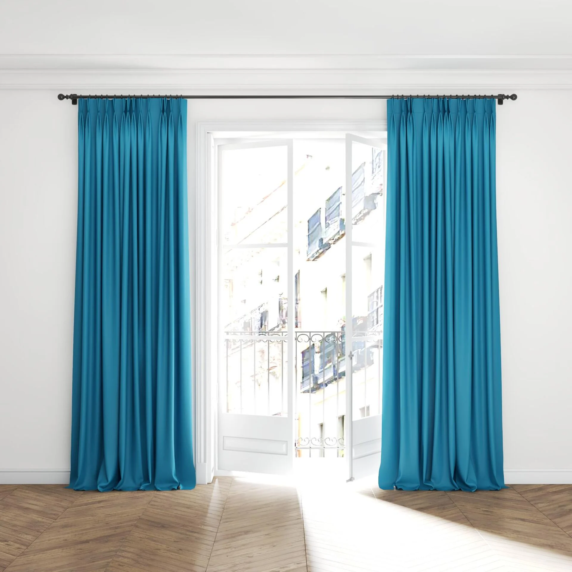 Full view of Ultra Dim Scuba, puddled with pinch pleat, on curtain rod