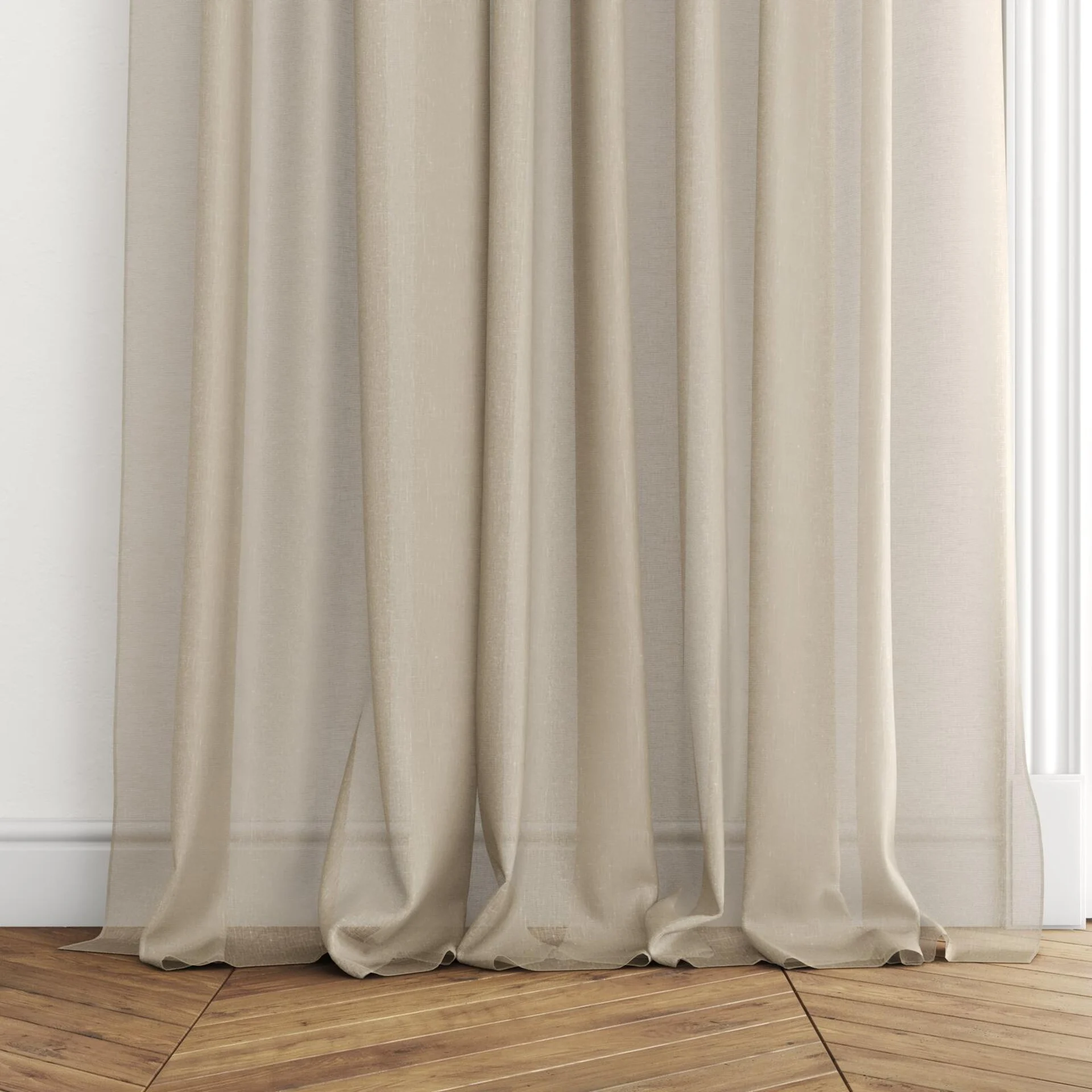 Bottom view of Reverie Linen, puddled with pinch pleat, on curtain rod