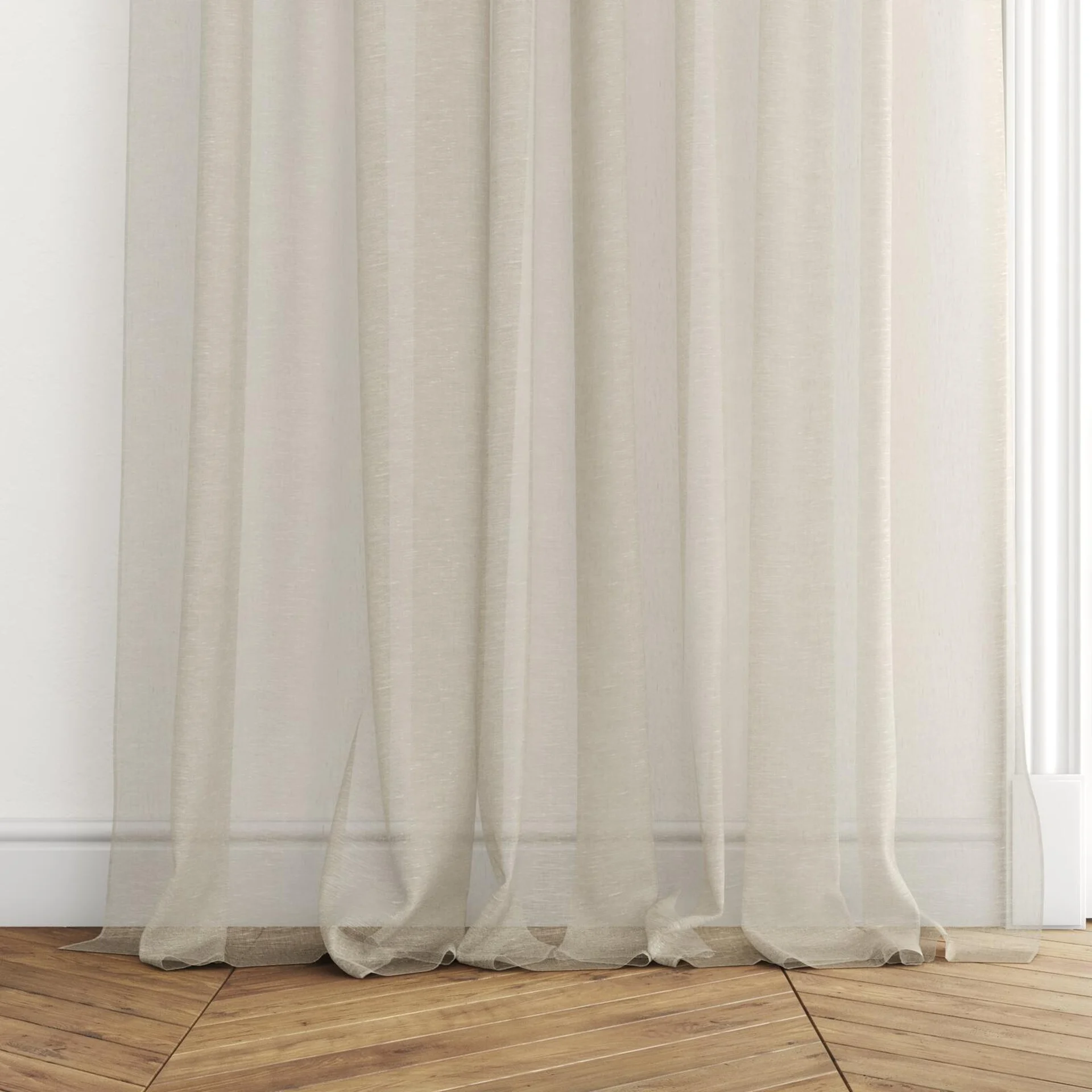 Bottom view of Pure Linen Putty, puddled with pinch pleat, on curtain rod